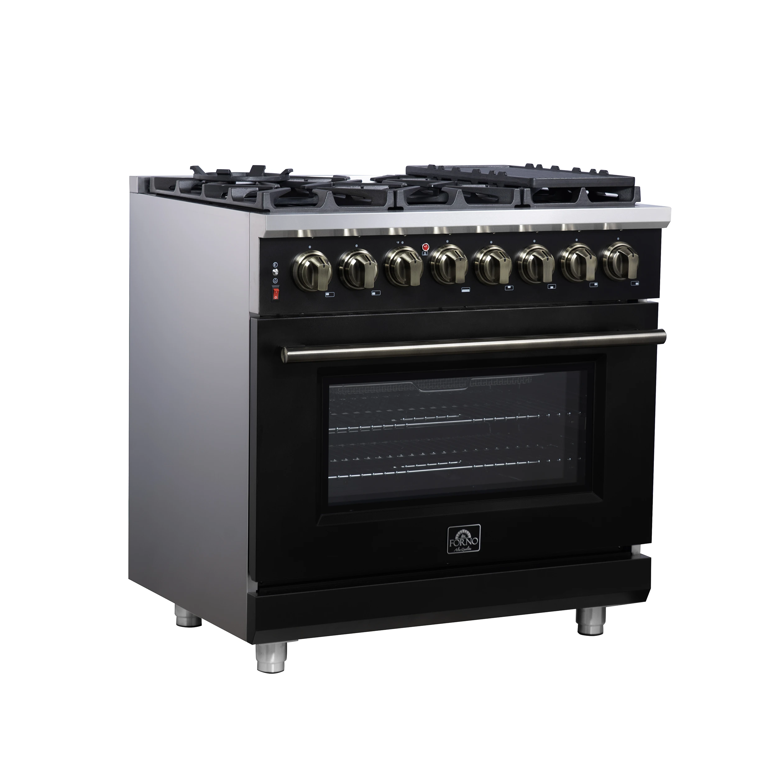 Massimo 36 Inch Freestanding Dual Fuel Range in with Antique Brass Accessories, 6 Burners, 5.36 cu. ft. Convection Oven FFSGS612536BLK