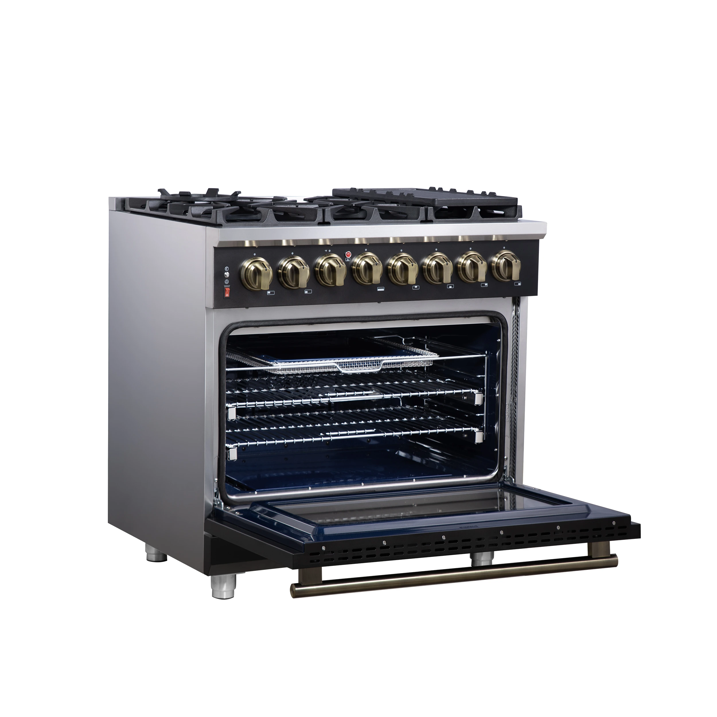 Massimo 36 Inch Freestanding Dual Fuel Range in with Antique Brass Accessories, 6 Burners, 5.36 cu. ft. Convection Oven FFSGS612536BLK
