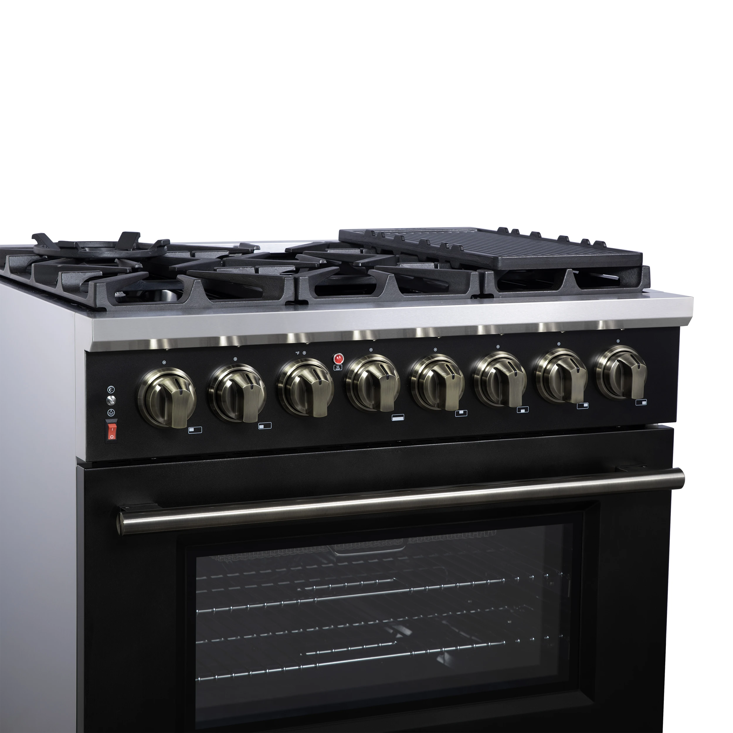 Massimo 36 Inch Freestanding Dual Fuel Range in with Antique Brass Accessories, 6 Burners, 5.36 cu. ft. Convection Oven FFSGS612536BLK