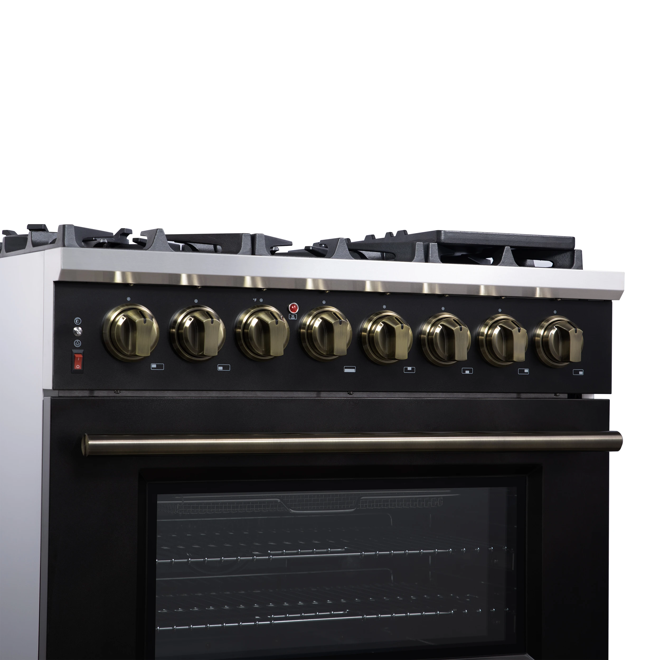Massimo 36 Inch Freestanding Dual Fuel Range in with Antique Brass Accessories, 6 Burners, 5.36 cu. ft. Convection Oven FFSGS612536BLK