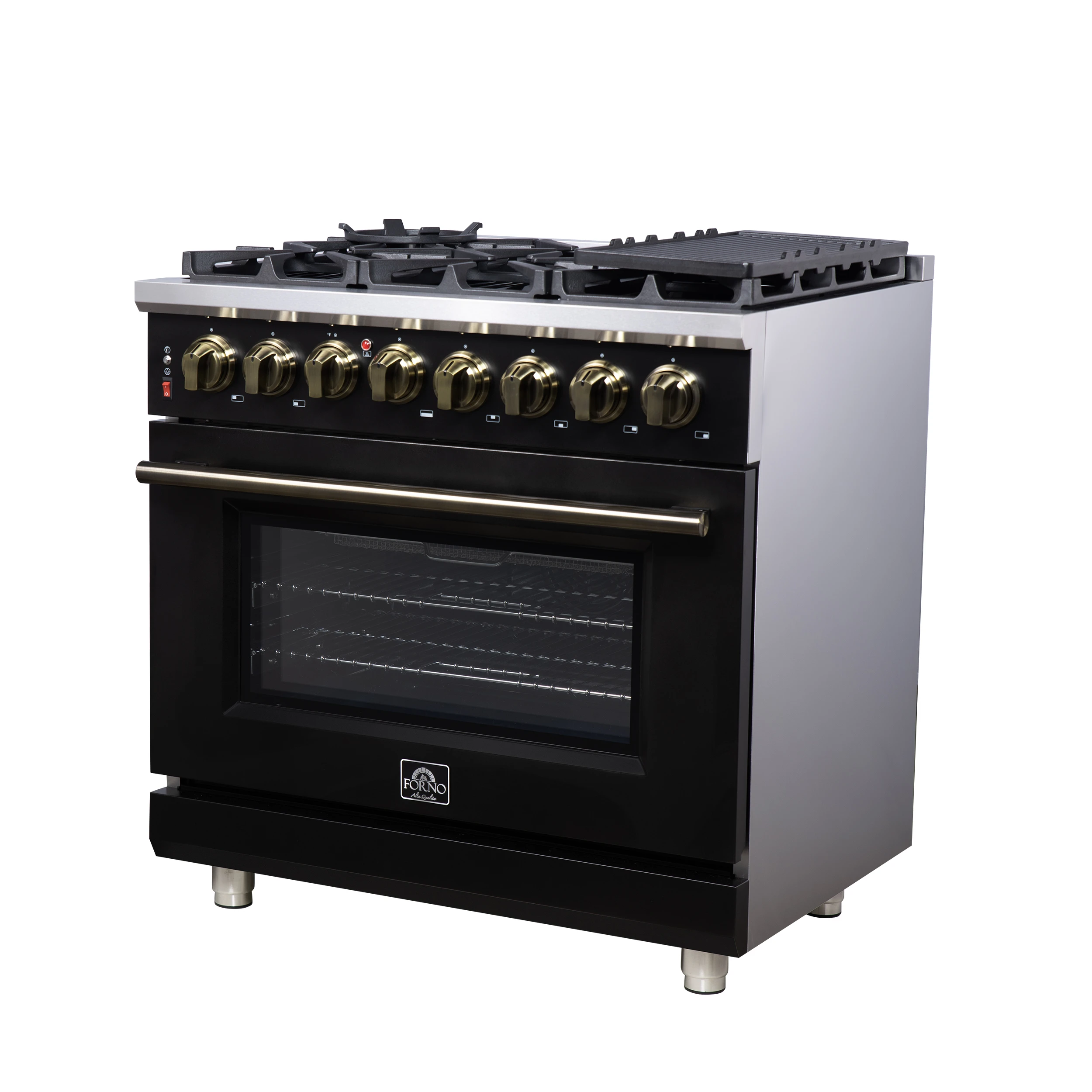 Massimo 36 Inch Freestanding Dual Fuel Range in with Antique Brass Accessories, 6 Burners, 5.36 cu. ft. Convection Oven FFSGS612536BLK