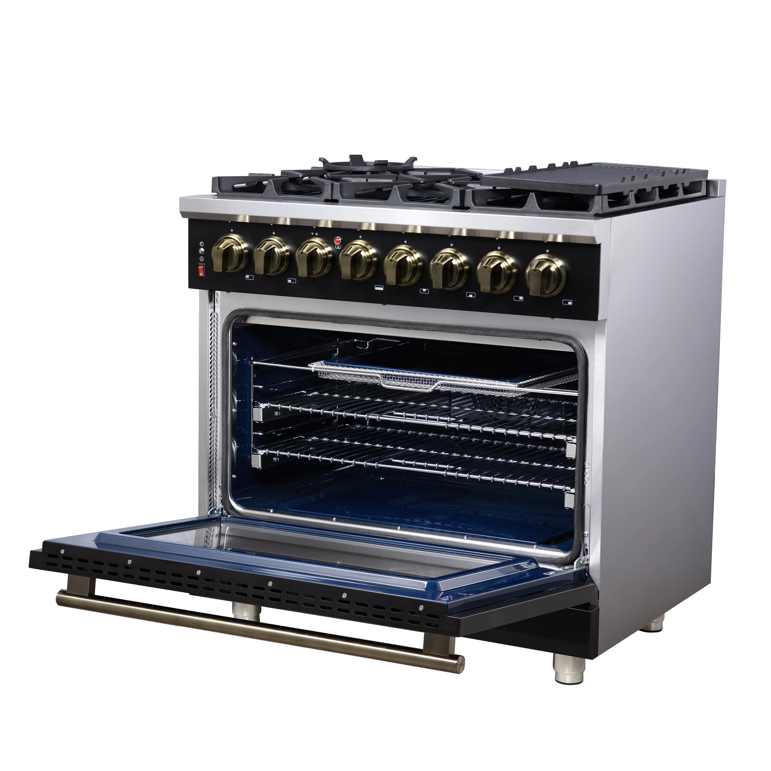 Massimo 36 Inch Freestanding Dual Fuel Range in with Antique Brass Accessories, 6 Burners, 5.36 cu. ft. Convection Oven FFSGS612536BLK