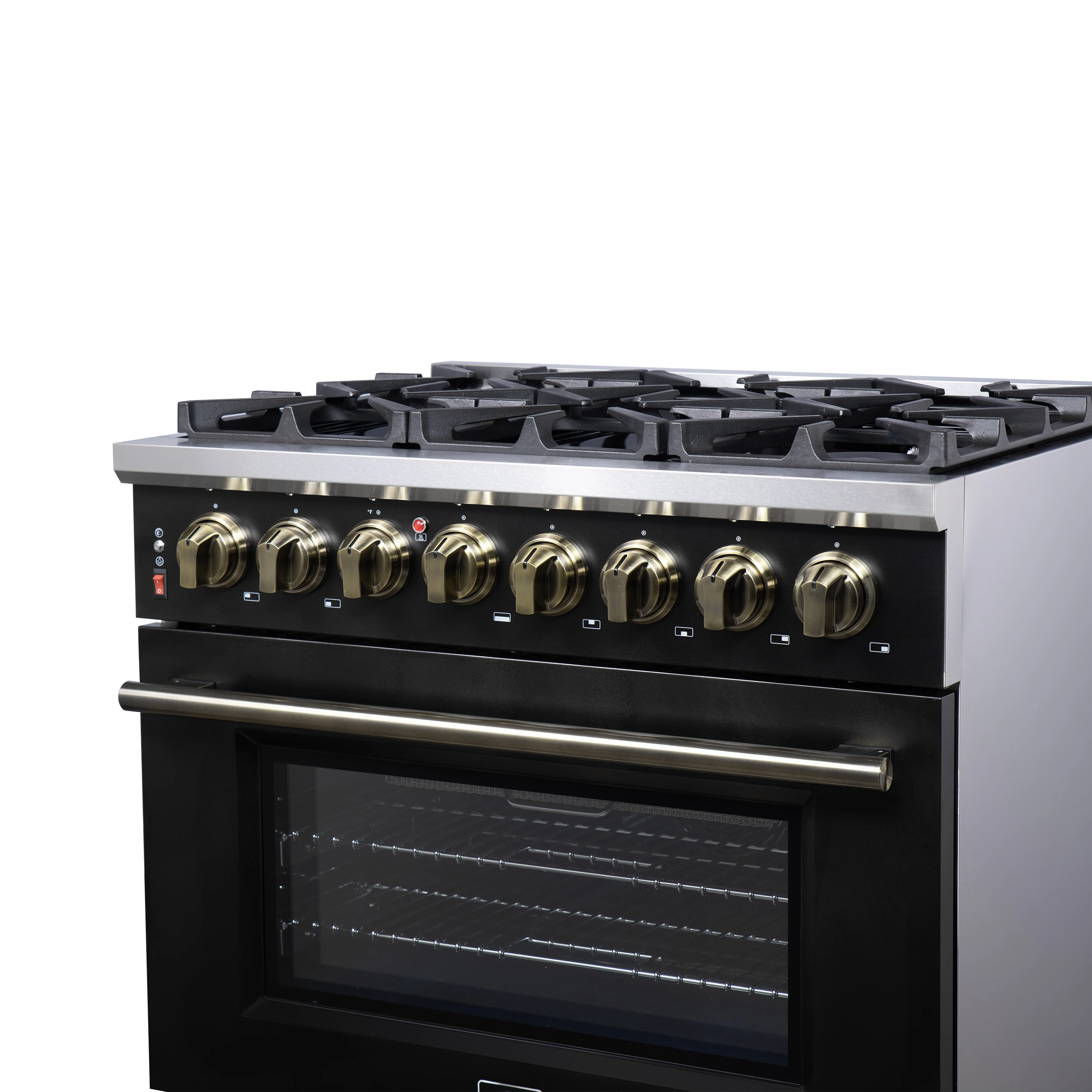 Massimo 36 Inch Freestanding Dual Fuel Range in with Antique Brass Accessories, 6 Burners, 5.36 cu. ft. Convection Oven FFSGS612536BLK
