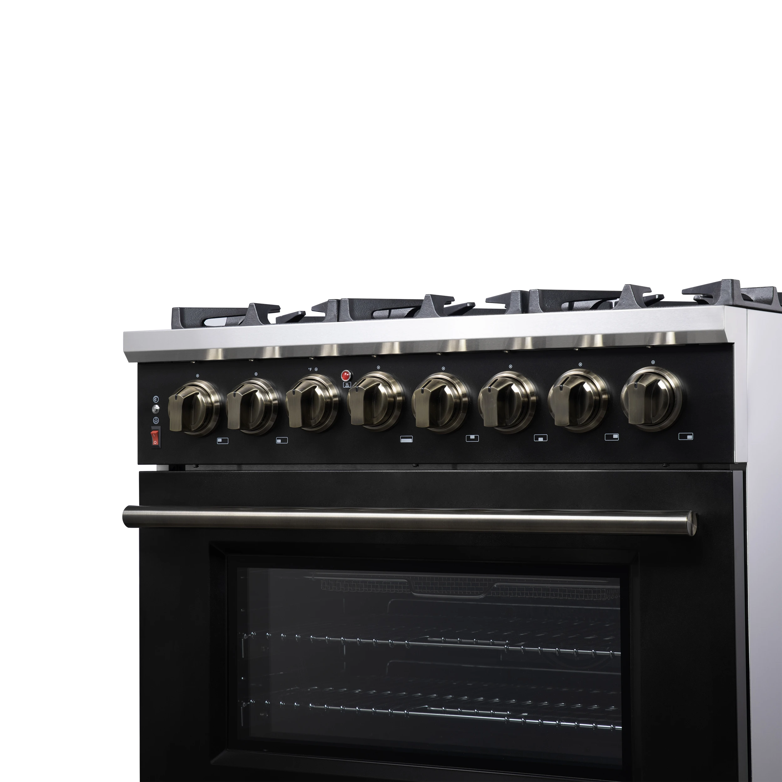 Massimo 36 Inch Freestanding Dual Fuel Range in with Antique Brass Accessories, 6 Burners, 5.36 cu. ft. Convection Oven FFSGS612536BLK