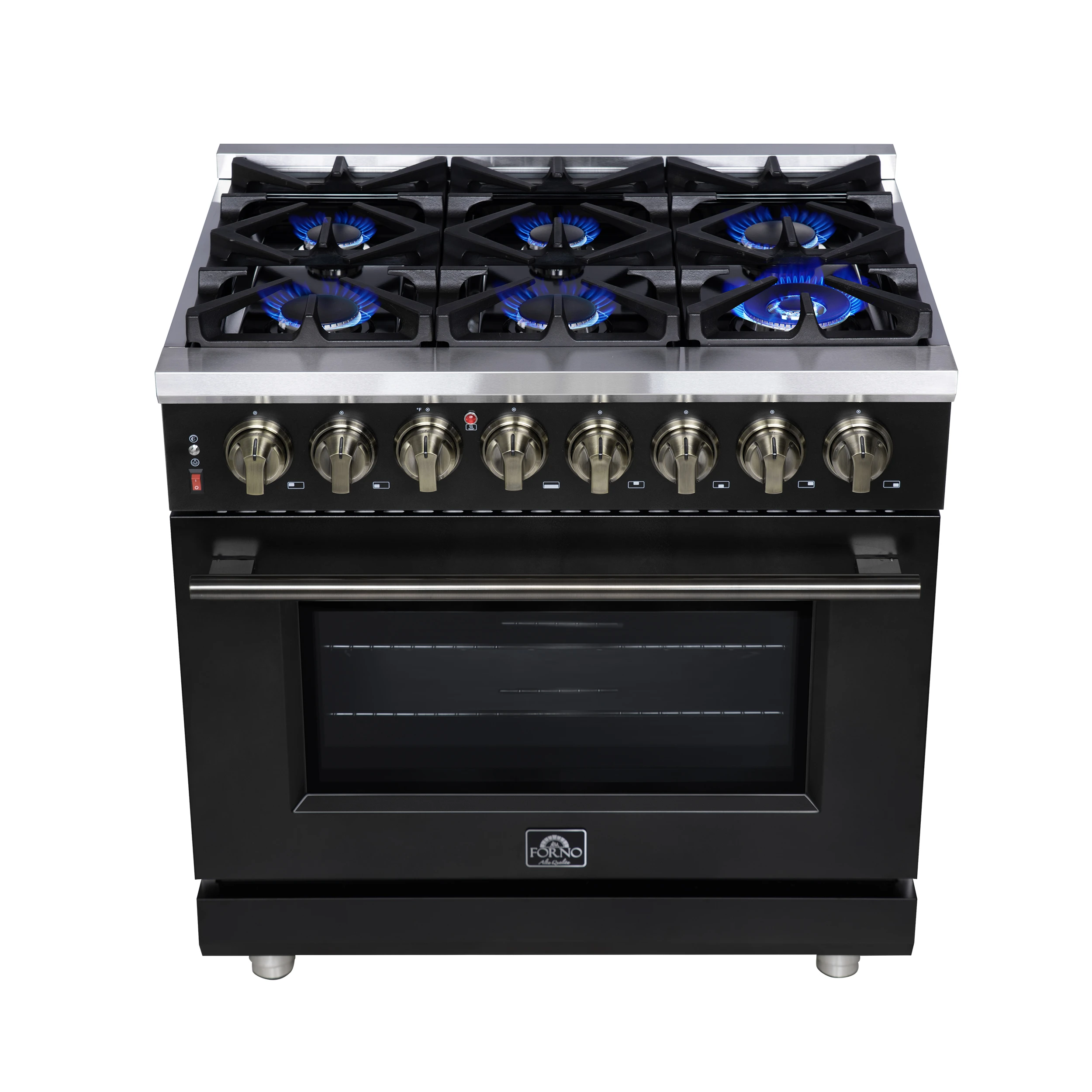 Massimo 36 Inch Freestanding Dual Fuel Range in with Antique Brass Accessories, 6 Burners, 5.36 cu. ft. Convection Oven FFSGS612536BLK
