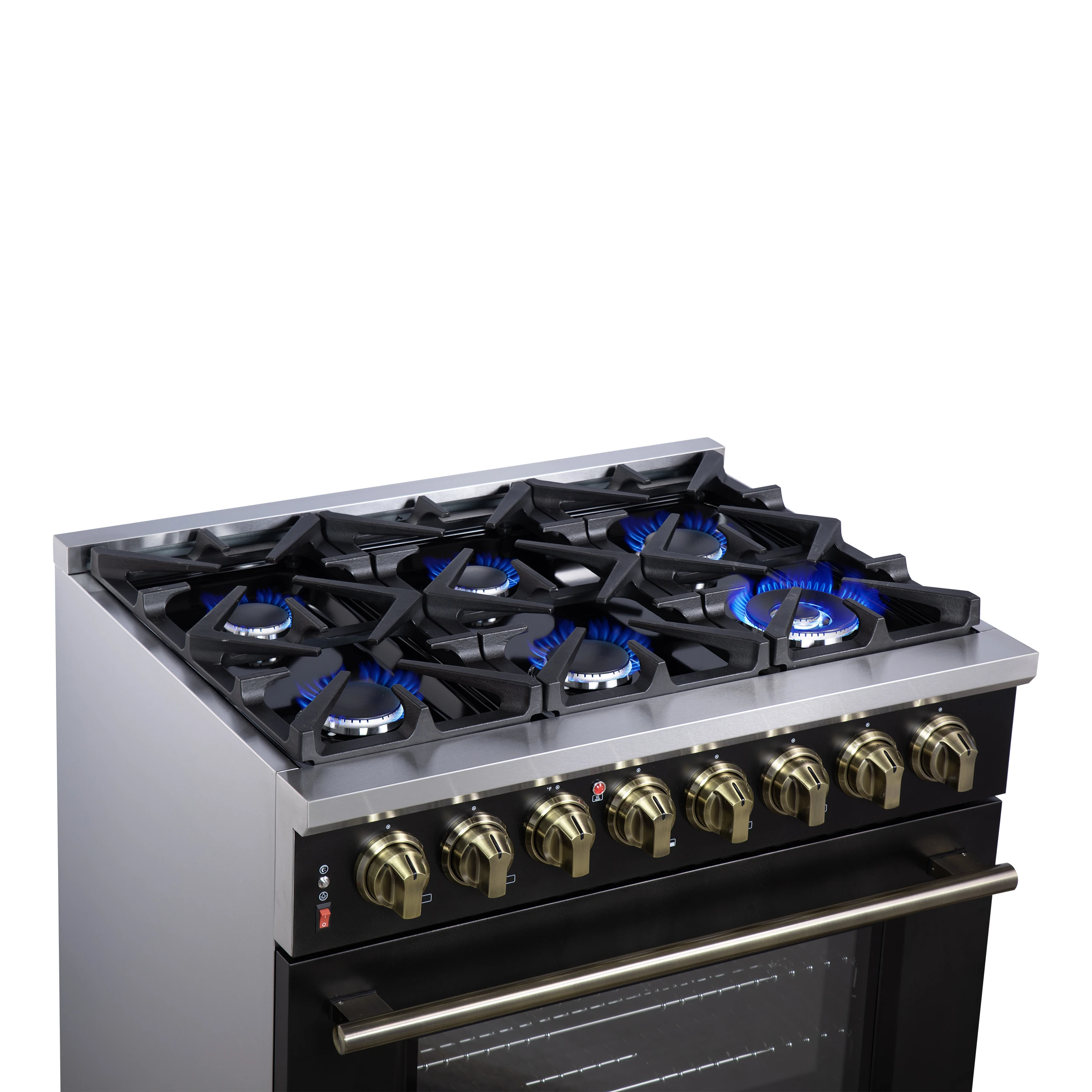 Massimo 36 Inch Freestanding Dual Fuel Range in with Antique Brass Accessories, 6 Burners, 5.36 cu. ft. Convection Oven FFSGS612536BLK
