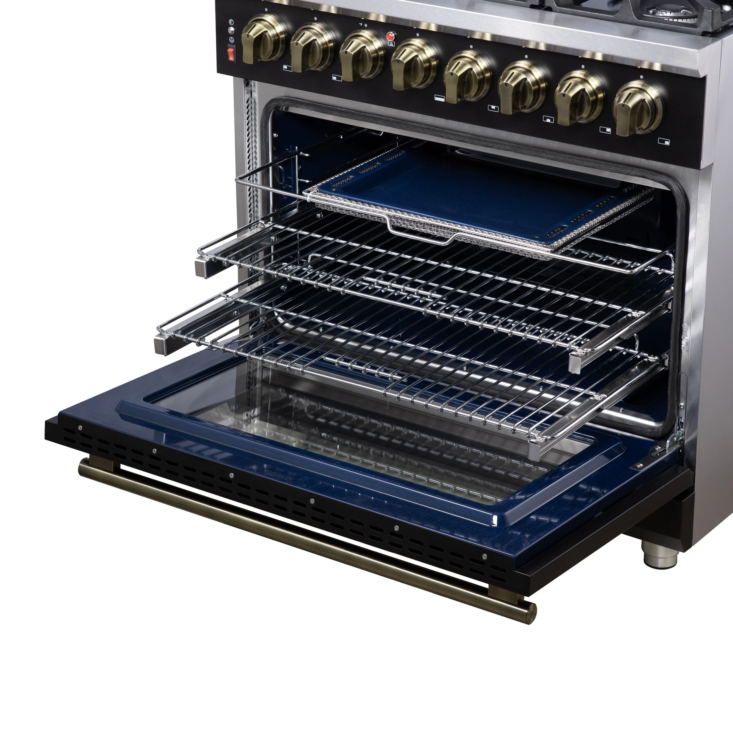 Massimo 36 Inch Freestanding Dual Fuel Range in with Antique Brass Accessories, 6 Burners, 5.36 cu. ft. Convection Oven FFSGS612536BLK