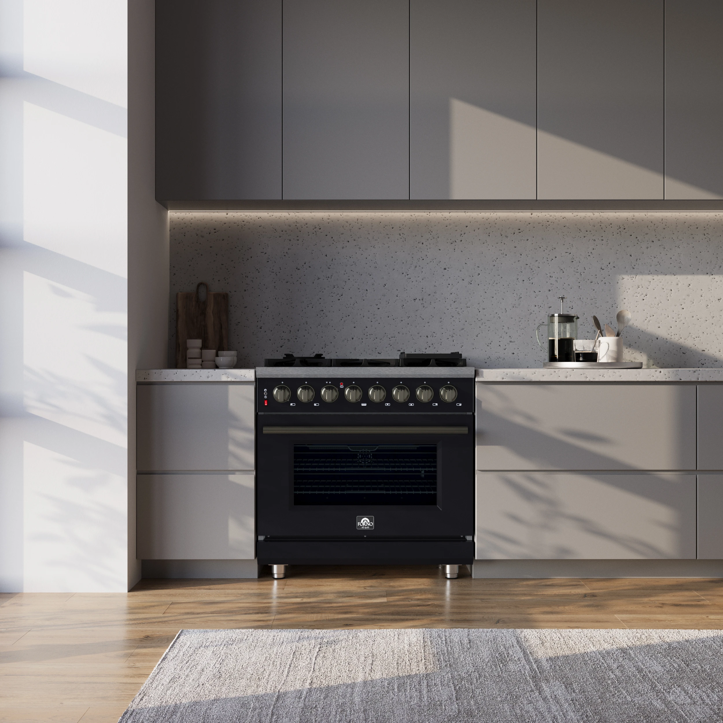 Massimo 36 Inch Freestanding Dual Fuel Range in with Antique Brass Accessories, 6 Burners, 5.36 cu. ft. Convection Oven FFSGS612536BLK