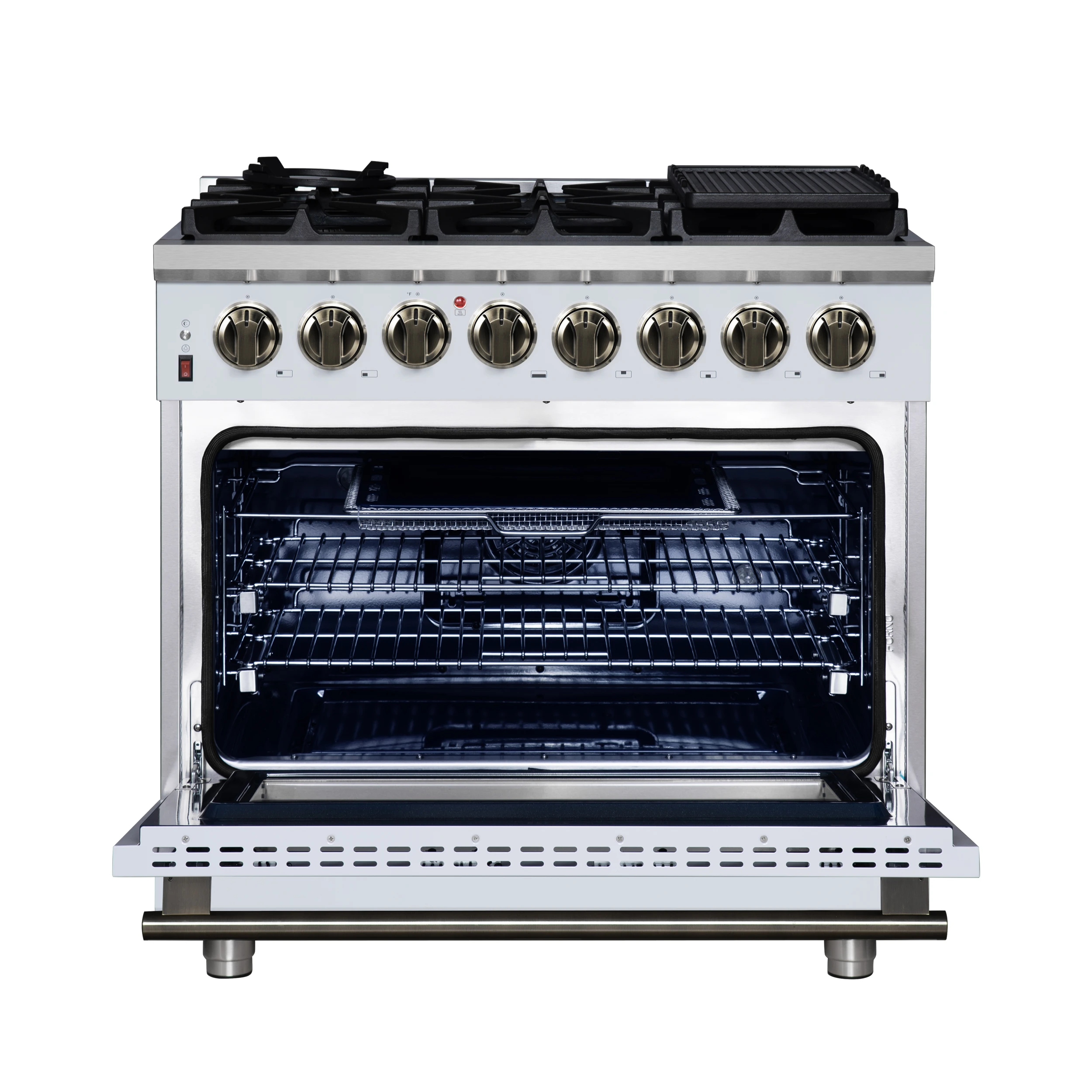 Massimo 36 Inch Freestanding Dual Fuel Range in White with Antique Brass Accessories, 6 Burners, 5.36 cu. ft. Convection Oven FFSGS612536WHT