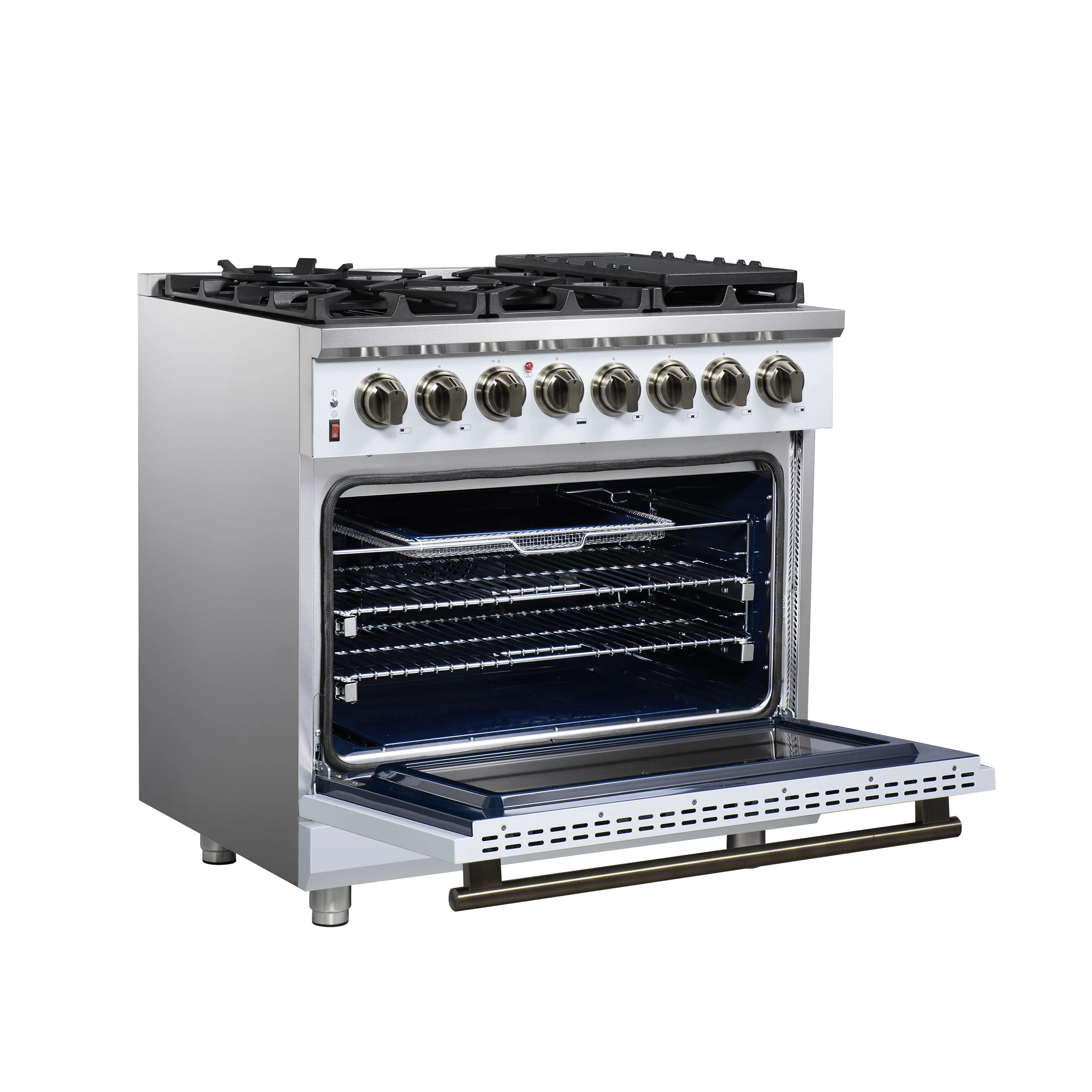 Massimo 36 Inch Freestanding Dual Fuel Range in White with Antique Brass Accessories, 6 Burners, 5.36 cu. ft. Convection Oven FFSGS612536WHT