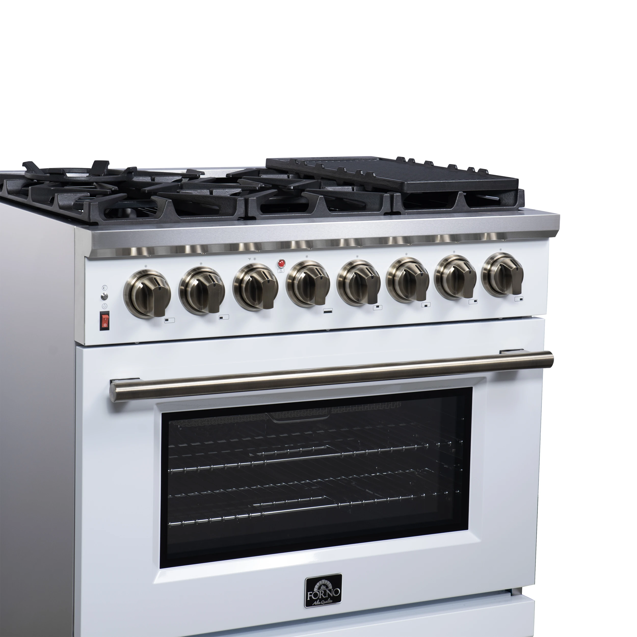 Massimo 36 Inch Freestanding Dual Fuel Range in White with Antique Brass Accessories, 6 Burners, 5.36 cu. ft. Convection Oven FFSGS612536WHT
