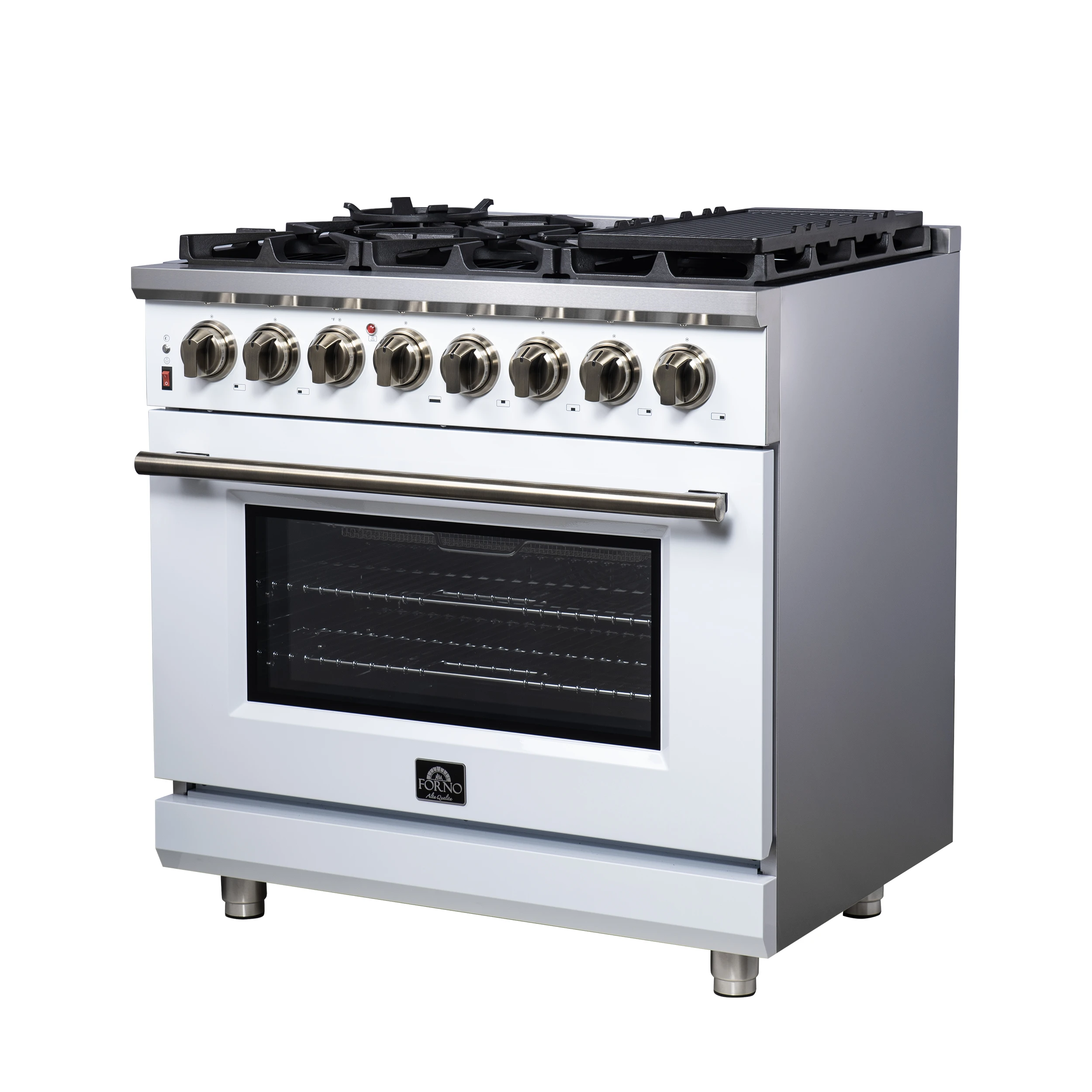 Massimo 36 Inch Freestanding Dual Fuel Range in White with Antique Brass Accessories, 6 Burners, 5.36 cu. ft. Convection Oven FFSGS612536WHT