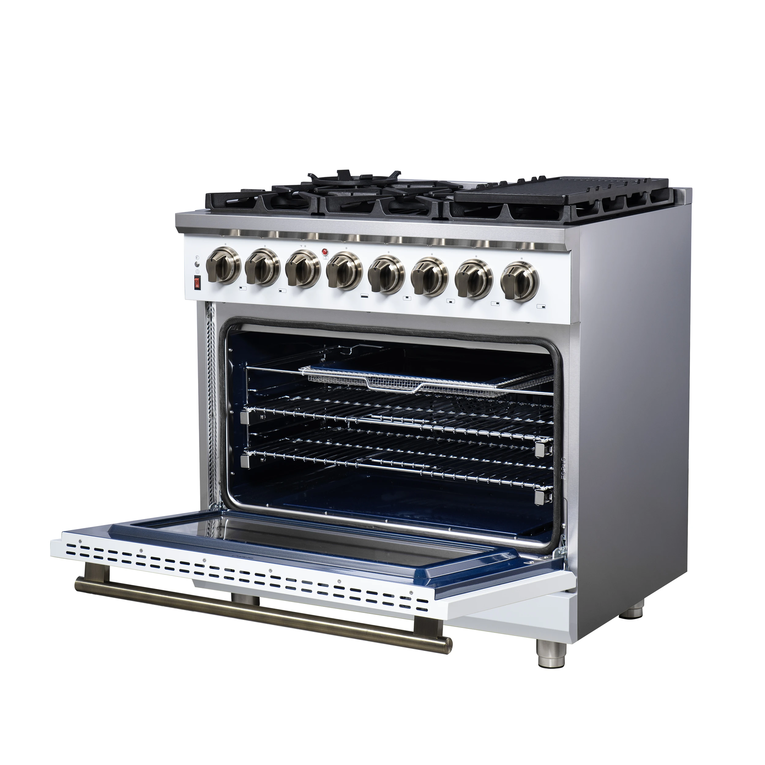 Massimo 36 Inch Freestanding Dual Fuel Range in White with Antique Brass Accessories, 6 Burners, 5.36 cu. ft. Convection Oven FFSGS612536WHT