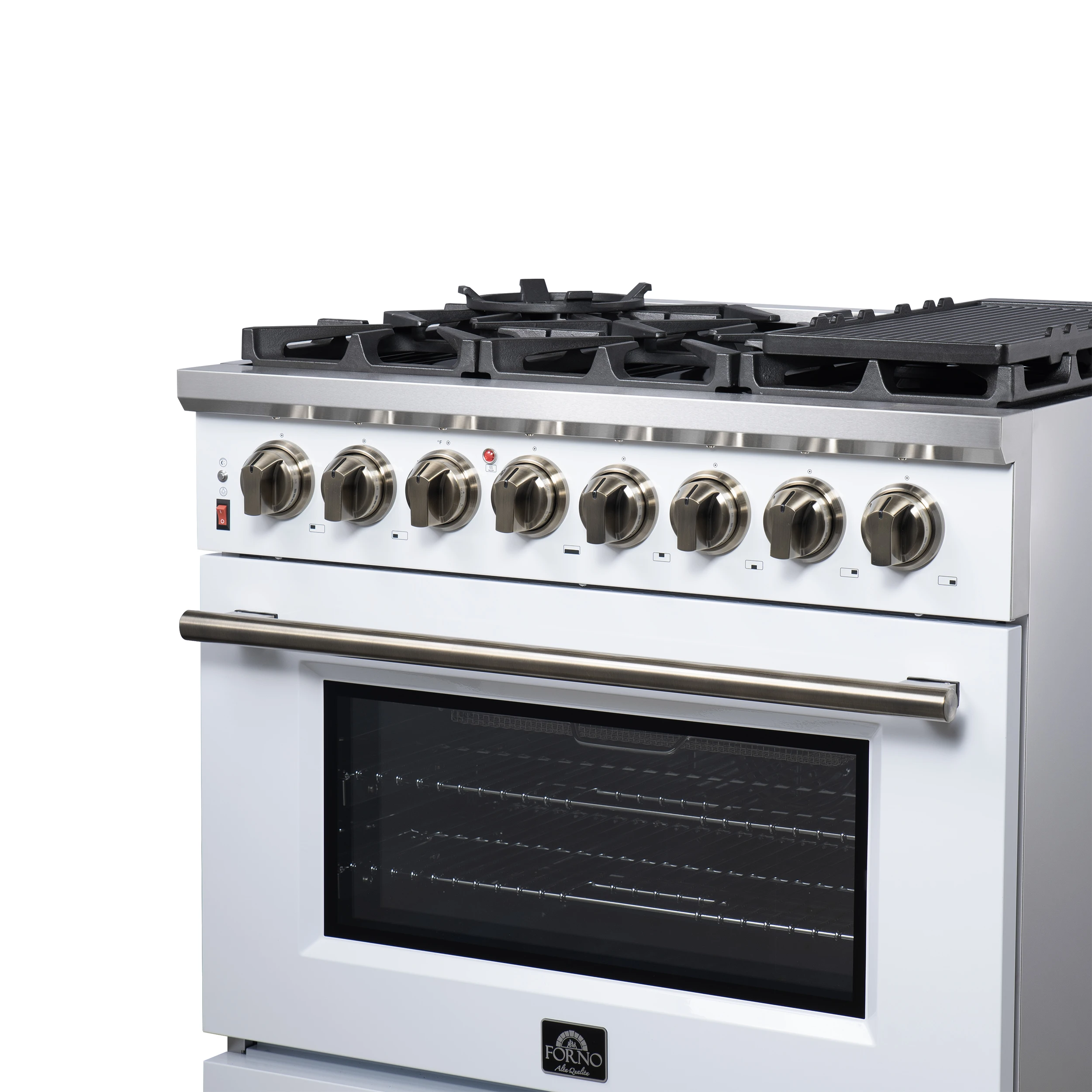 Massimo 36 Inch Freestanding Dual Fuel Range in White with Antique Brass Accessories, 6 Burners, 5.36 cu. ft. Convection Oven FFSGS612536WHT