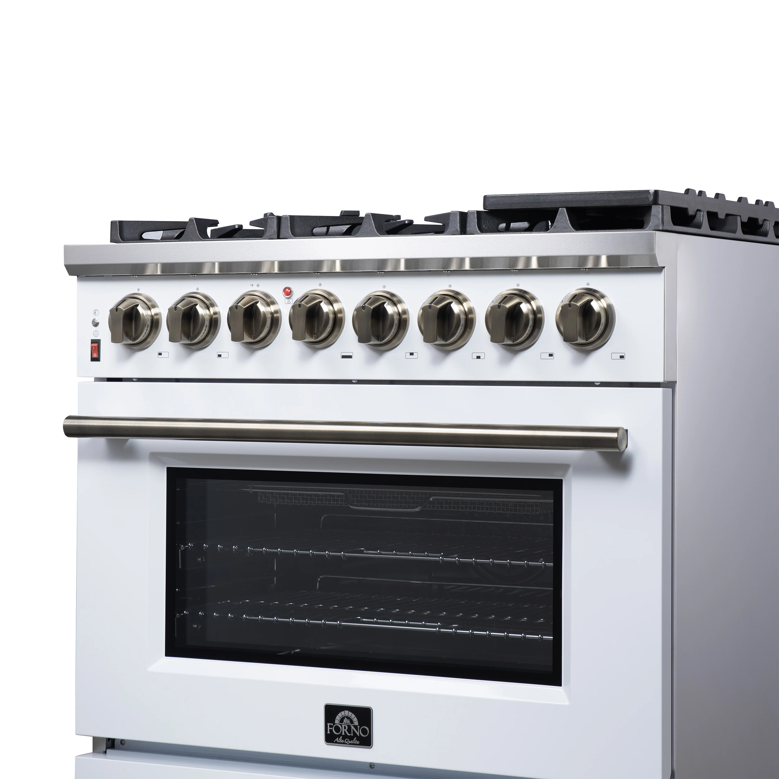 Massimo 36 Inch Freestanding Dual Fuel Range in White with Antique Brass Accessories, 6 Burners, 5.36 cu. ft. Convection Oven FFSGS612536WHT