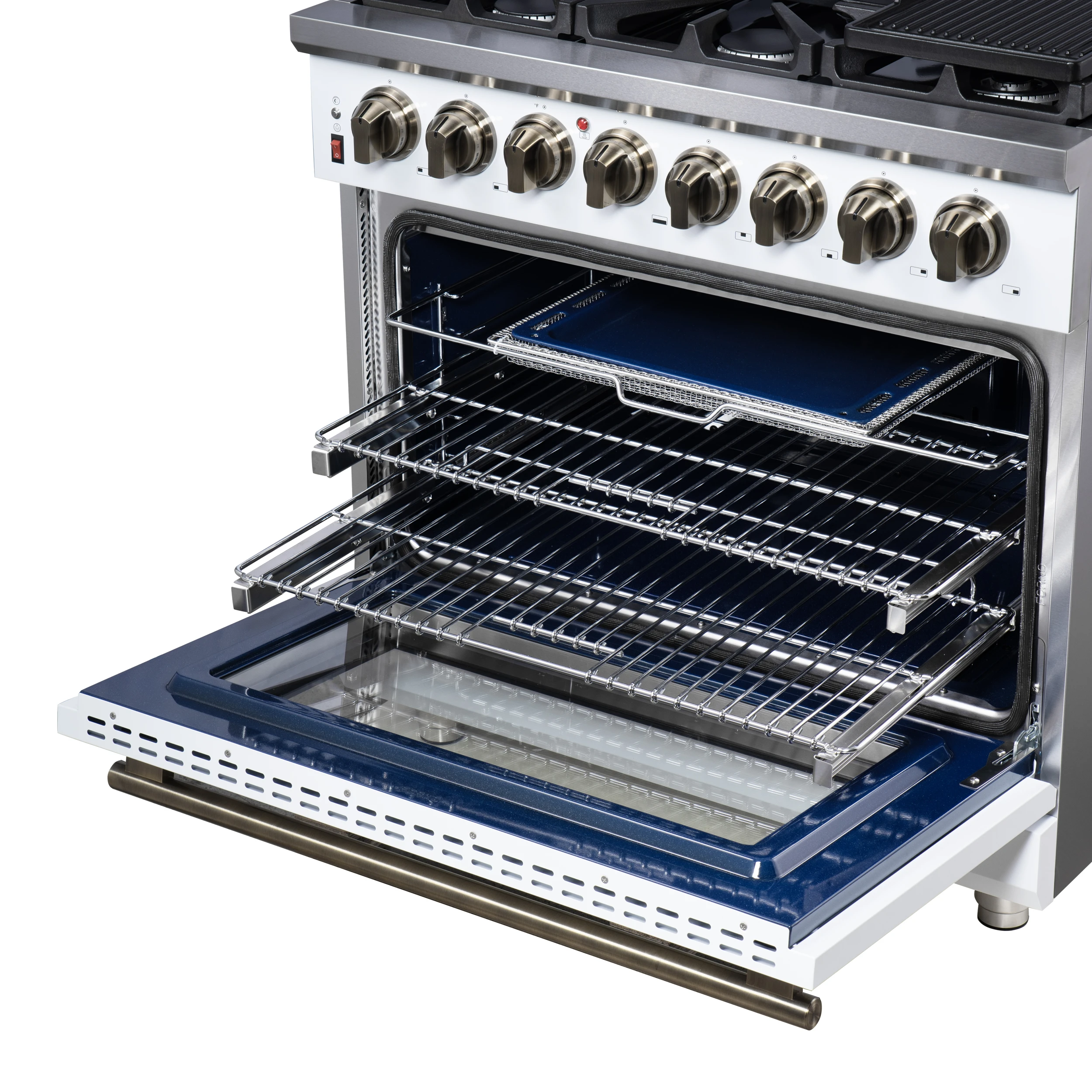 Massimo 36 Inch Freestanding Dual Fuel Range in White with Antique Brass Accessories, 6 Burners, 5.36 cu. ft. Convection Oven FFSGS612536WHT