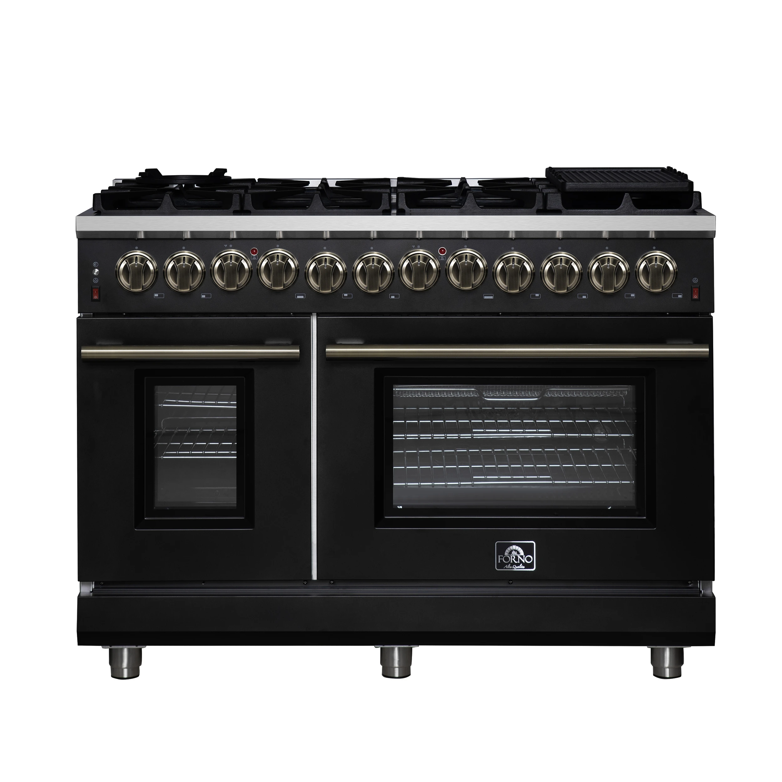 Massimo 48 Inch Freestanding Dual Fuel Range in with Antique Brass Accessories, 8 Burners, 6.58 cu. ft. Convection Oven FFSGS612548BLK