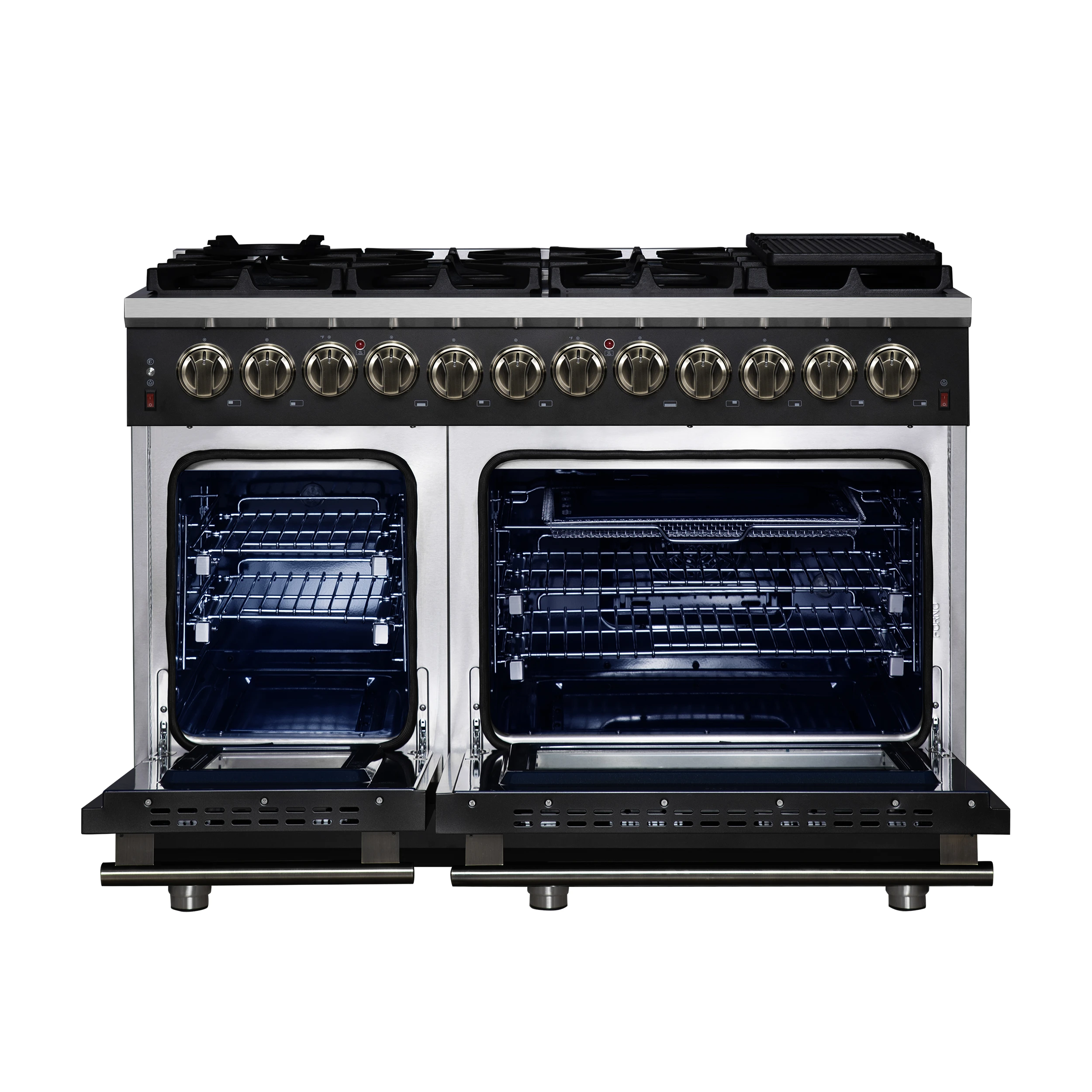 Massimo 48 Inch Freestanding Dual Fuel Range in with Antique Brass Accessories, 8 Burners, 6.58 cu. ft. Convection Oven FFSGS612548BLK