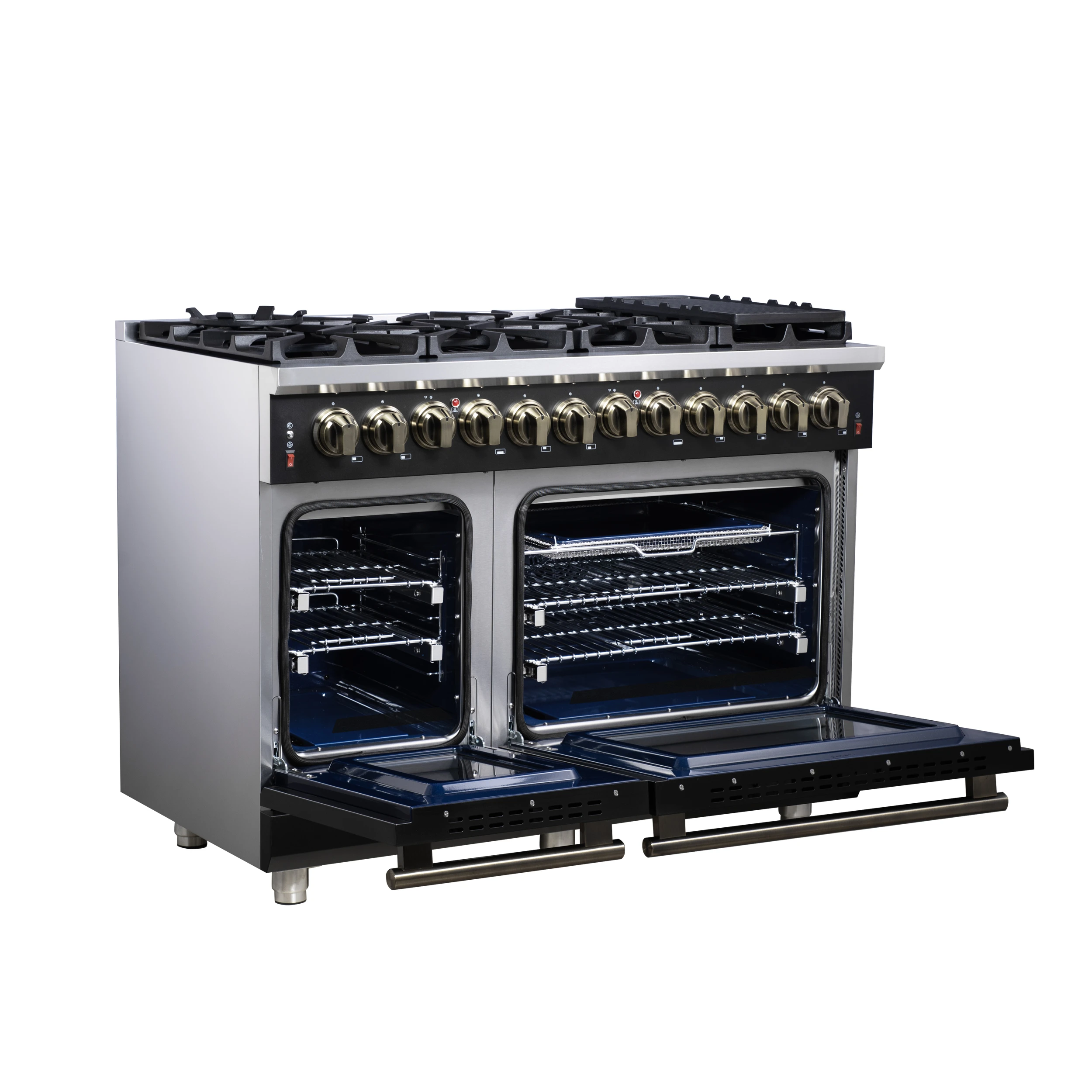 Massimo 48 Inch Freestanding Dual Fuel Range in with Antique Brass Accessories, 8 Burners, 6.58 cu. ft. Convection Oven FFSGS612548BLK