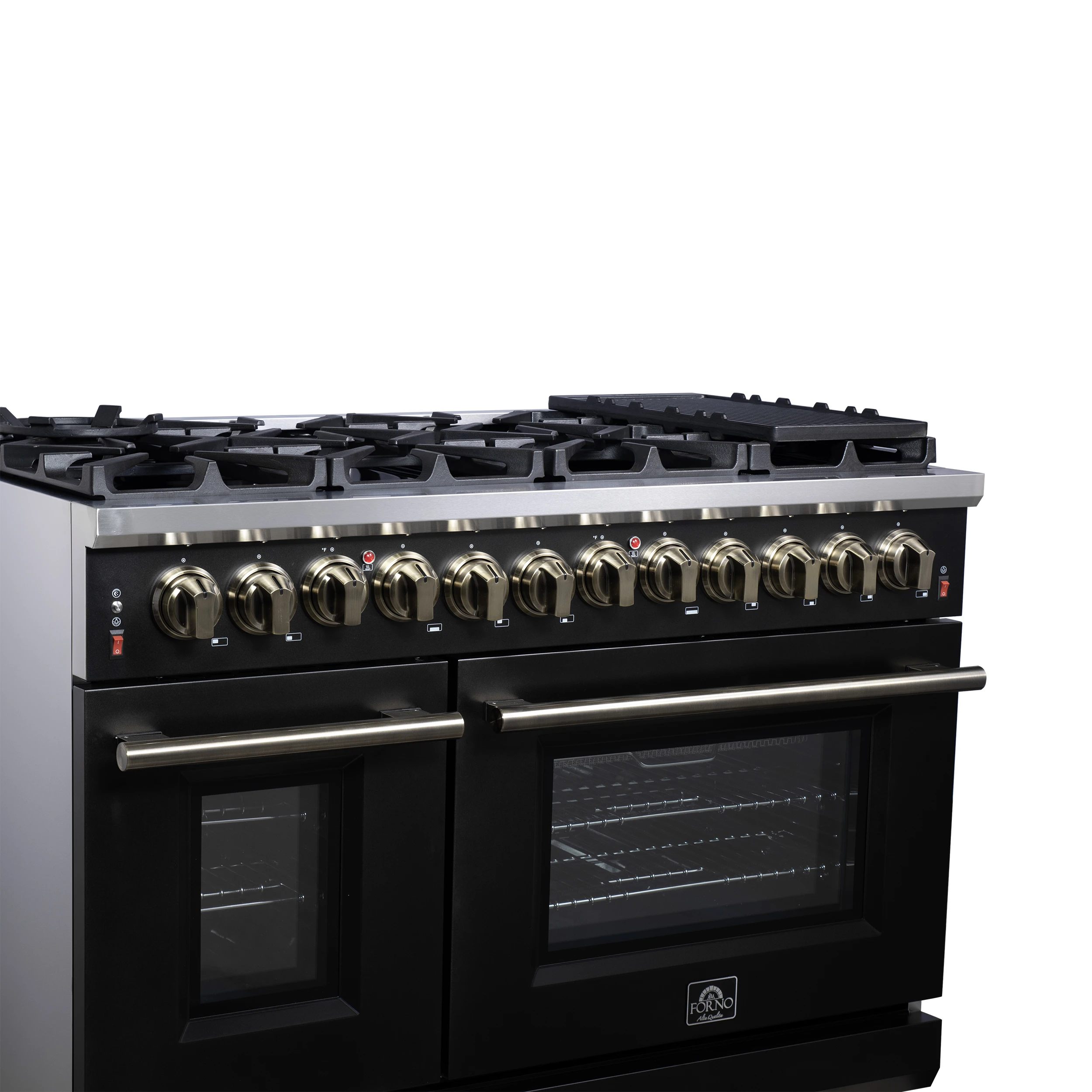 Massimo 48 Inch Freestanding Dual Fuel Range in with Antique Brass Accessories, 8 Burners, 6.58 cu. ft. Convection Oven FFSGS612548BLK