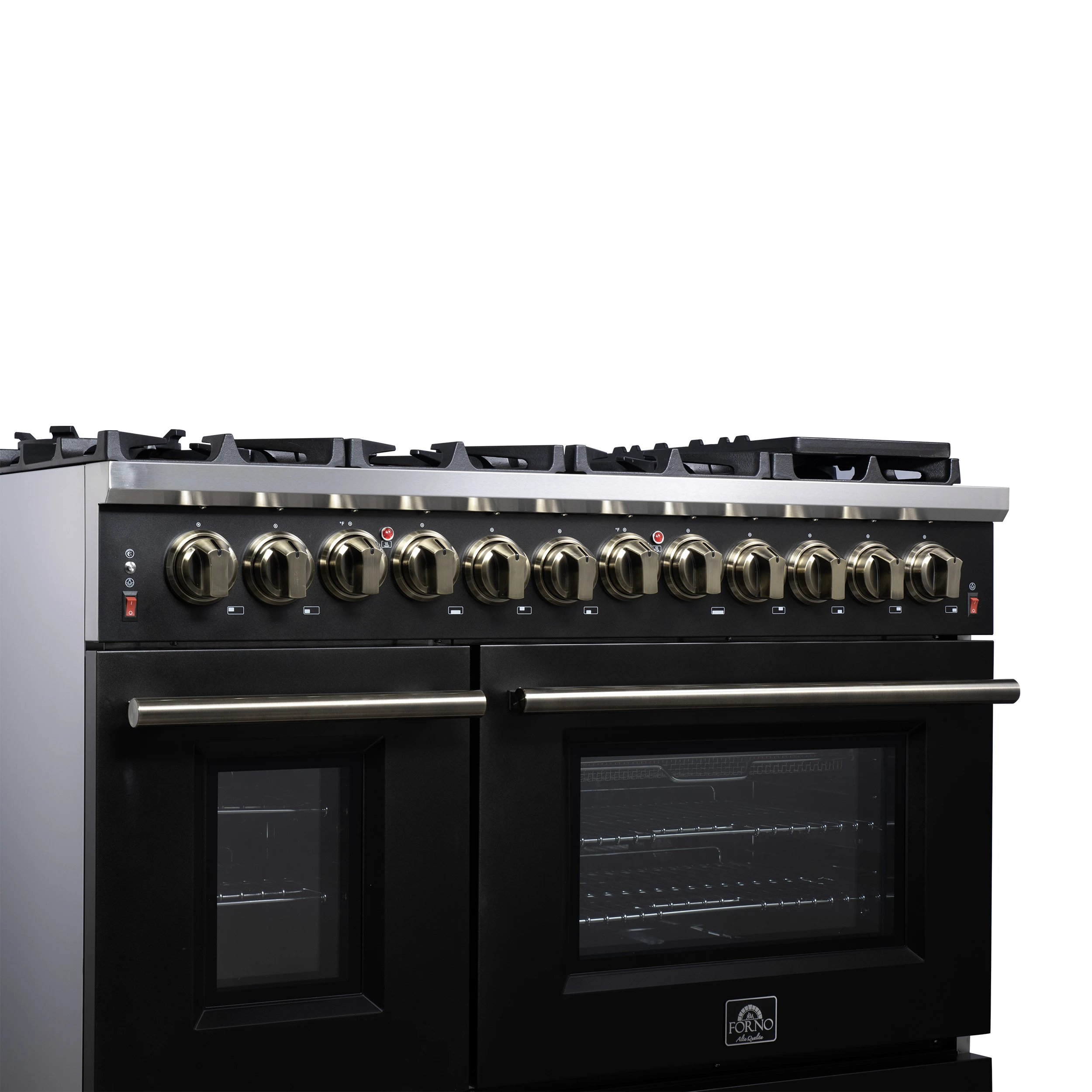 Massimo 48 Inch Freestanding Dual Fuel Range in with Antique Brass Accessories, 8 Burners, 6.58 cu. ft. Convection Oven FFSGS612548BLK