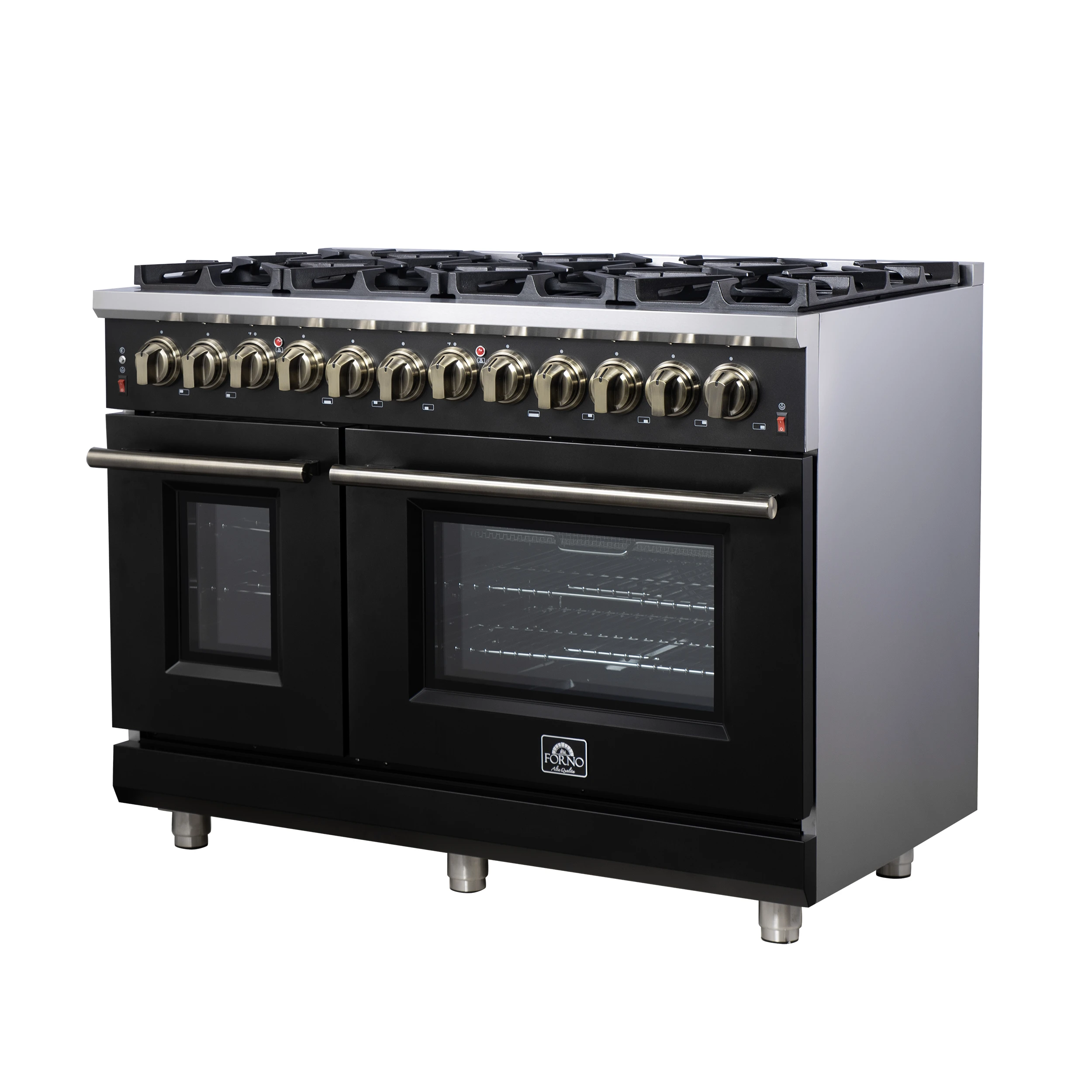 Massimo 48 Inch Freestanding Dual Fuel Range in with Antique Brass Accessories, 8 Burners, 6.58 cu. ft. Convection Oven FFSGS612548BLK