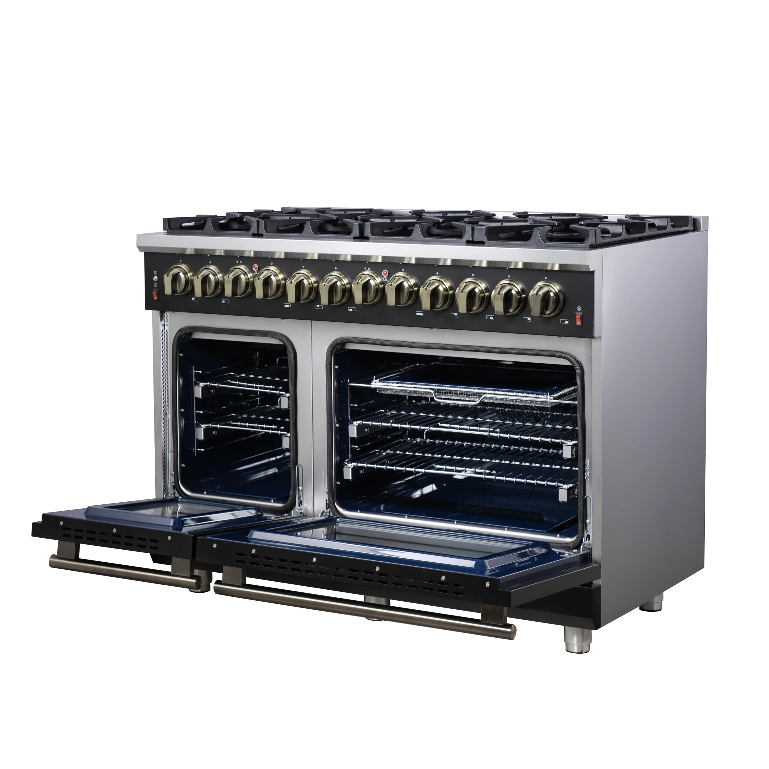 Massimo 48 Inch Freestanding Dual Fuel Range in with Antique Brass Accessories, 8 Burners, 6.58 cu. ft. Convection Oven FFSGS612548BLK