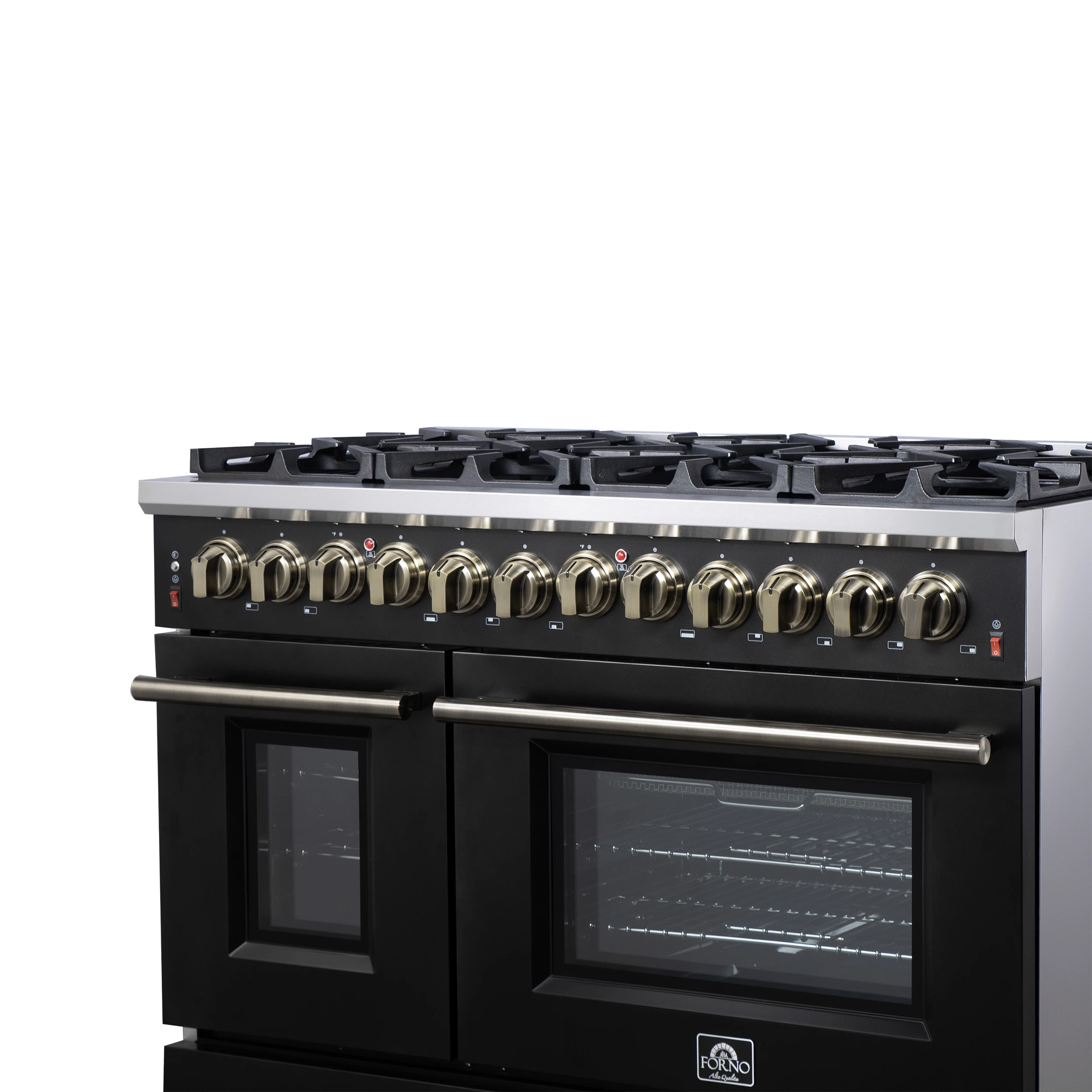 Massimo 48 Inch Freestanding Dual Fuel Range in with Antique Brass Accessories, 8 Burners, 6.58 cu. ft. Convection Oven FFSGS612548BLK