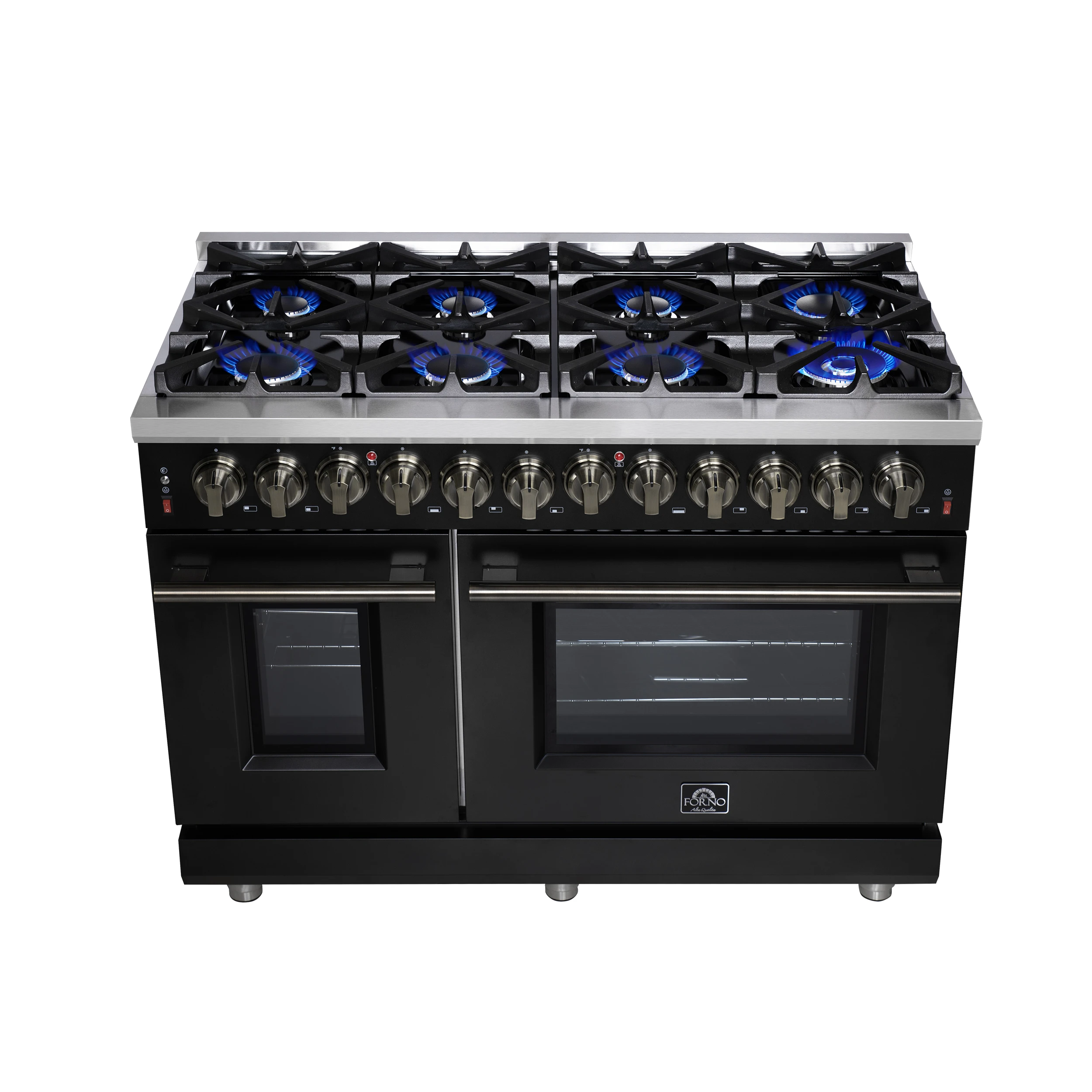 Massimo 48 Inch Freestanding Dual Fuel Range in with Antique Brass Accessories, 8 Burners, 6.58 cu. ft. Convection Oven FFSGS612548BLK