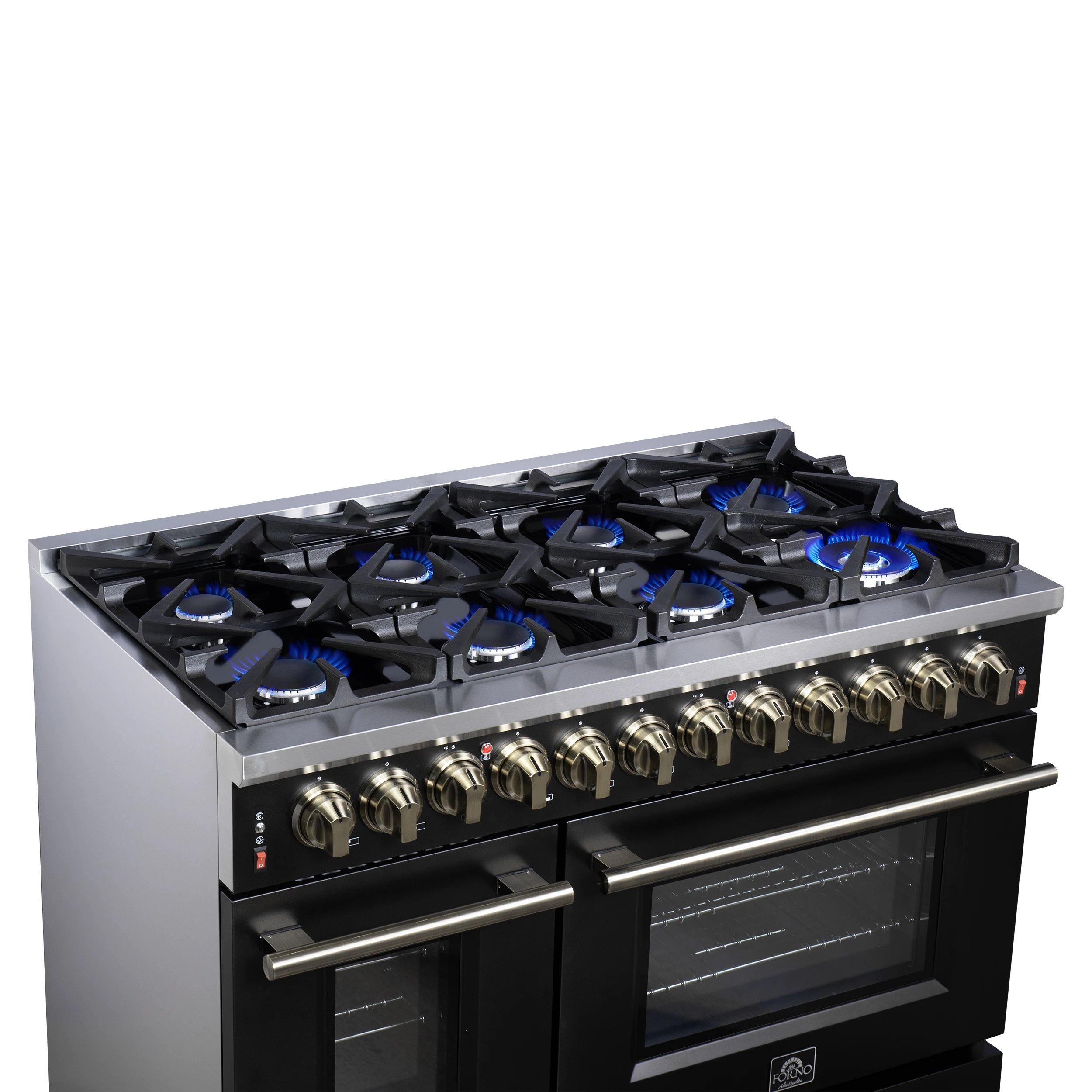 Massimo 48 Inch Freestanding Dual Fuel Range in with Antique Brass Accessories, 8 Burners, 6.58 cu. ft. Convection Oven FFSGS612548BLK