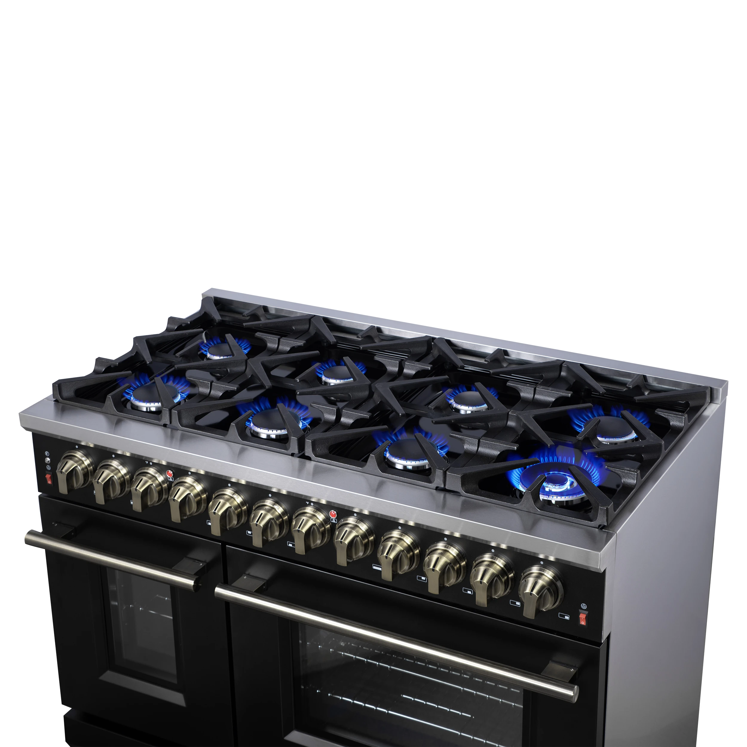 Massimo 48 Inch Freestanding Dual Fuel Range in with Antique Brass Accessories, 8 Burners, 6.58 cu. ft. Convection Oven FFSGS612548BLK