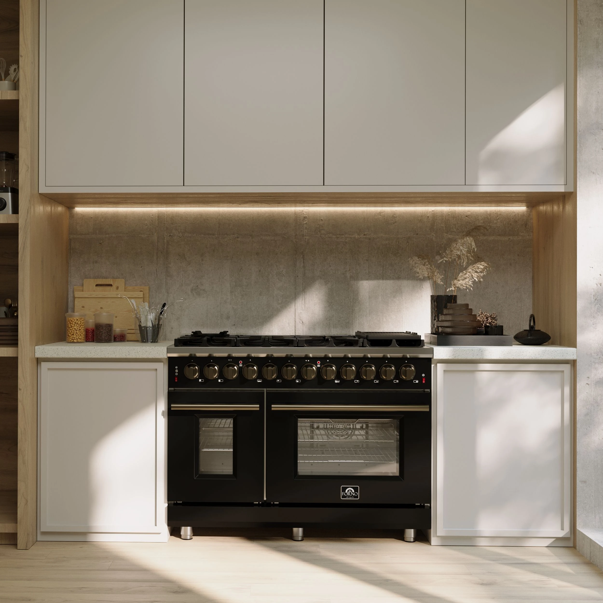 Massimo 48 Inch Freestanding Dual Fuel Range in with Antique Brass Accessories, 8 Burners, 6.58 cu. ft. Convection Oven FFSGS612548BLK