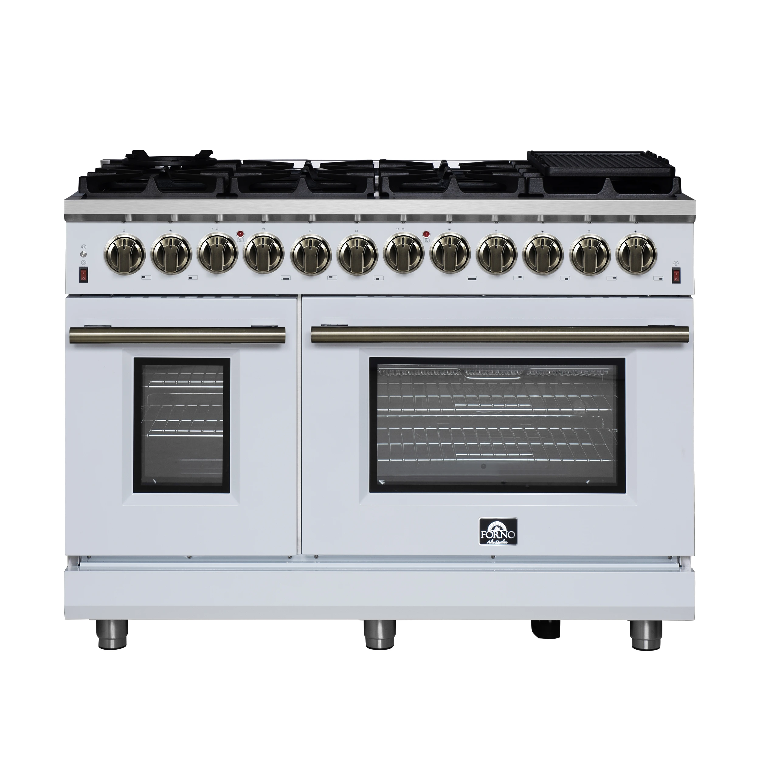 Massimo 48 Inch Freestanding Dual Fuel Range in with Antique Brass Accessories, 8 Burners, 6.58 cu. ft. Convection Oven FFSGS612548WHT