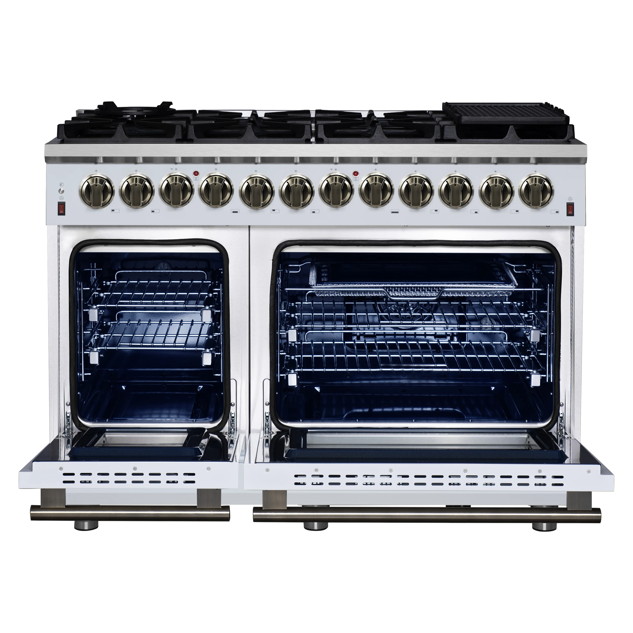 Massimo 48 Inch Freestanding Dual Fuel Range in with Antique Brass Accessories, 8 Burners, 6.58 cu. ft. Convection Oven FFSGS612548WHT