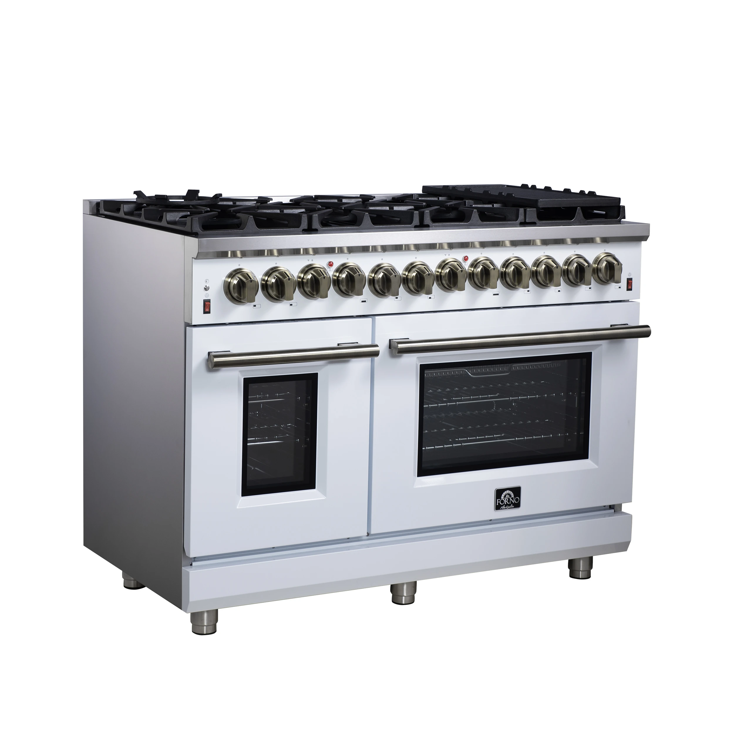 Massimo 48 Inch Freestanding Dual Fuel Range in with Antique Brass Accessories, 8 Burners, 6.58 cu. ft. Convection Oven FFSGS612548WHT