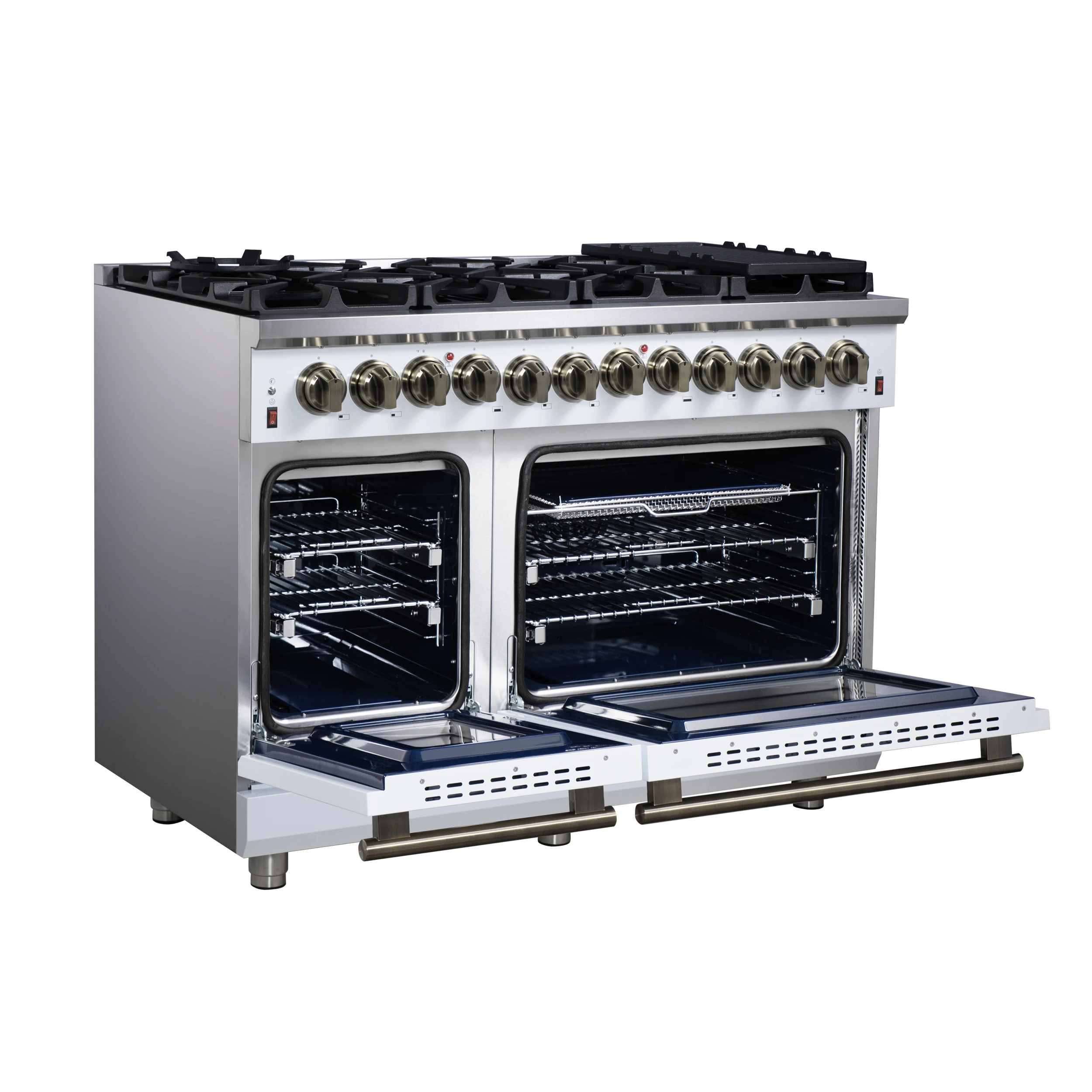 Massimo 48 Inch Freestanding Dual Fuel Range in with Antique Brass Accessories, 8 Burners, 6.58 cu. ft. Convection Oven FFSGS612548WHT
