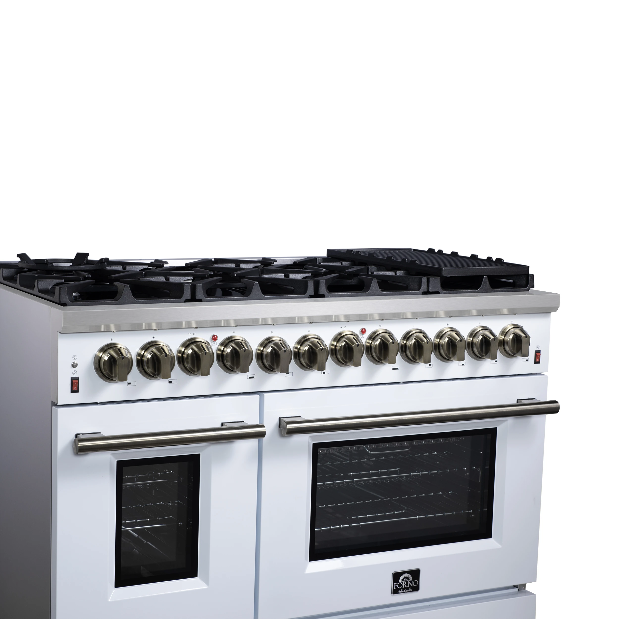 Massimo 48 Inch Freestanding Dual Fuel Range in with Antique Brass Accessories, 8 Burners, 6.58 cu. ft. Convection Oven FFSGS612548WHT