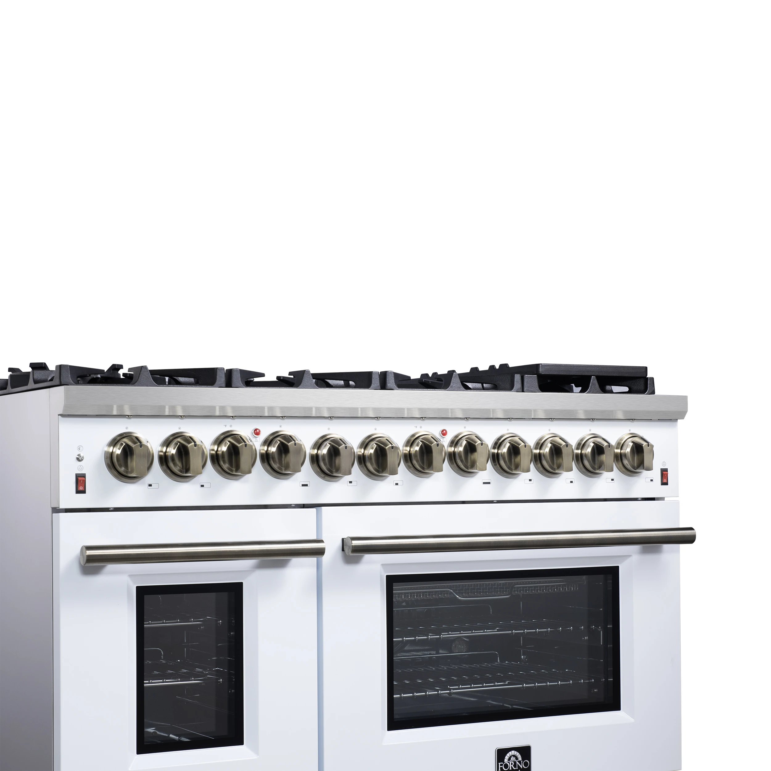 Massimo 48 Inch Freestanding Dual Fuel Range in with Antique Brass Accessories, 8 Burners, 6.58 cu. ft. Convection Oven FFSGS612548WHT