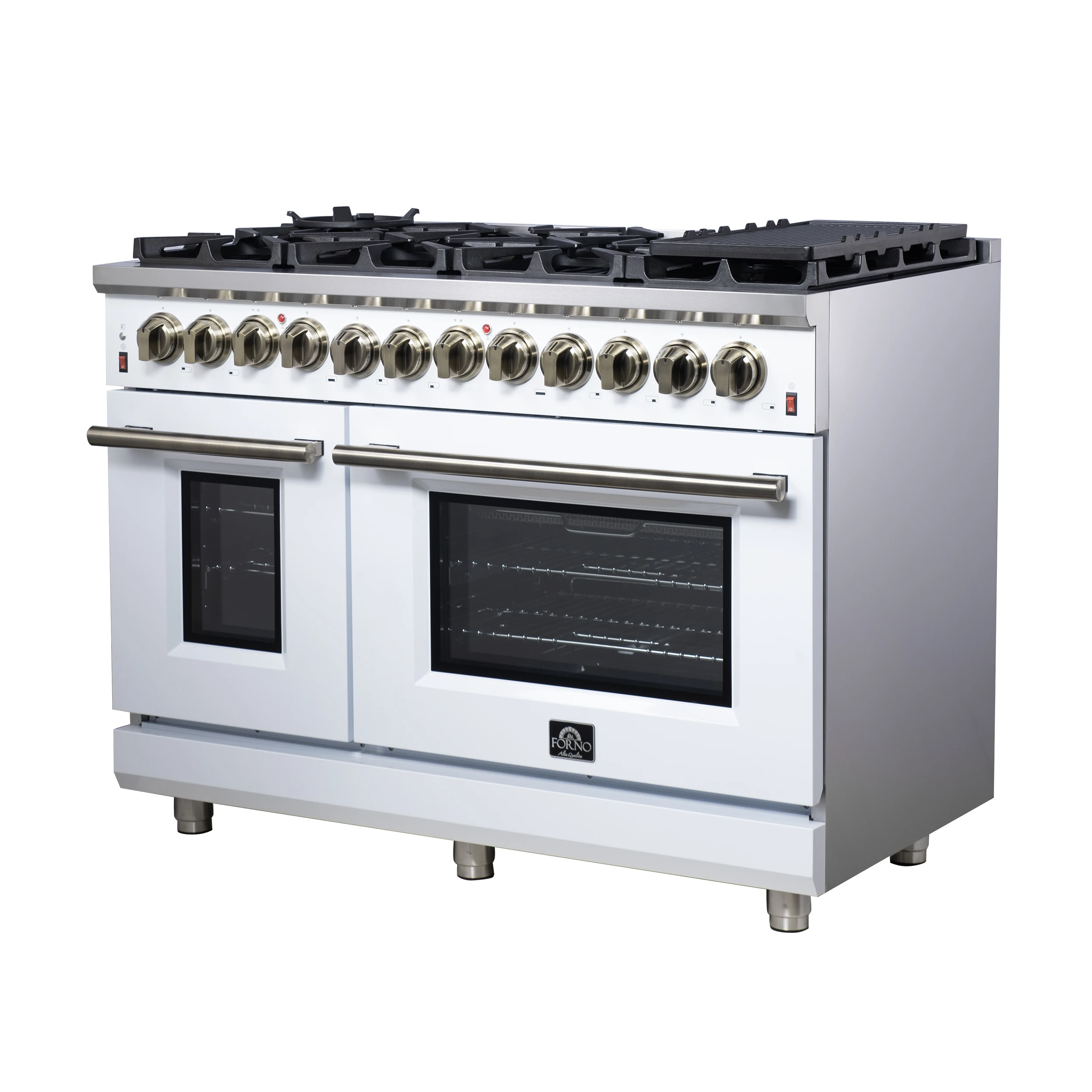 Massimo 48 Inch Freestanding Dual Fuel Range in with Antique Brass Accessories, 8 Burners, 6.58 cu. ft. Convection Oven FFSGS612548WHT
