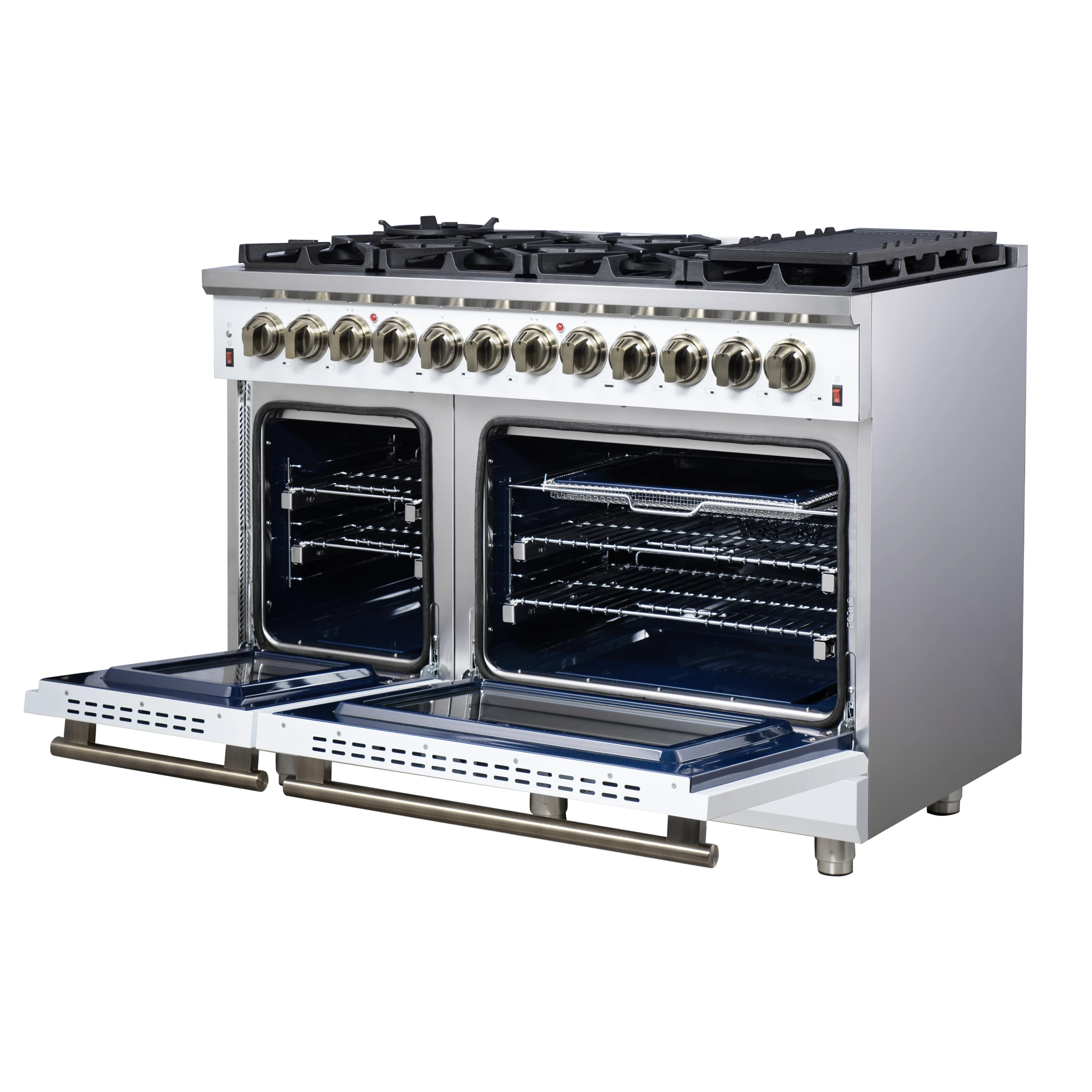 Massimo 48 Inch Freestanding Dual Fuel Range in with Antique Brass Accessories, 8 Burners, 6.58 cu. ft. Convection Oven FFSGS612548WHT