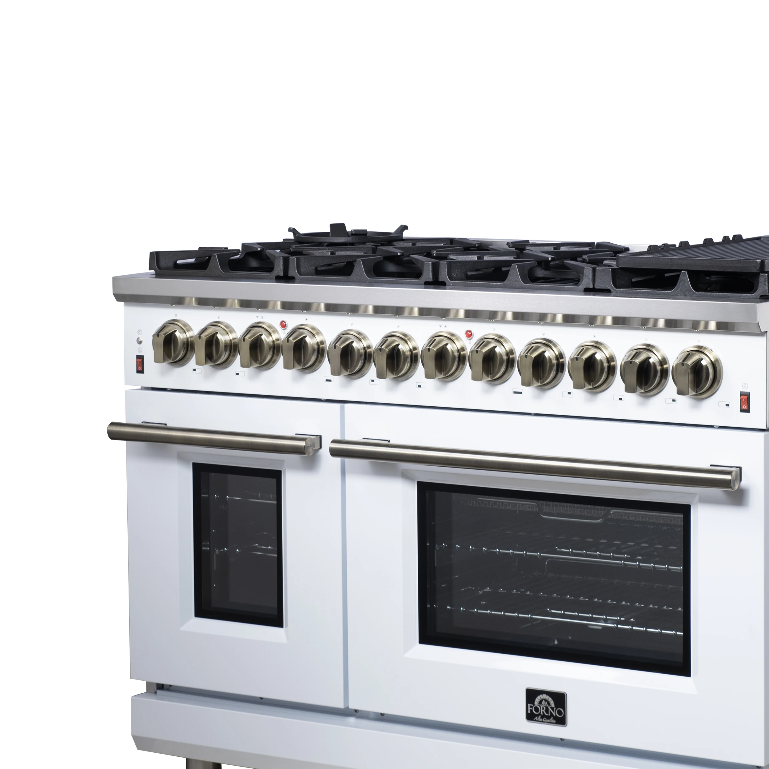 Massimo 48 Inch Freestanding Dual Fuel Range in with Antique Brass Accessories, 8 Burners, 6.58 cu. ft. Convection Oven FFSGS612548WHT