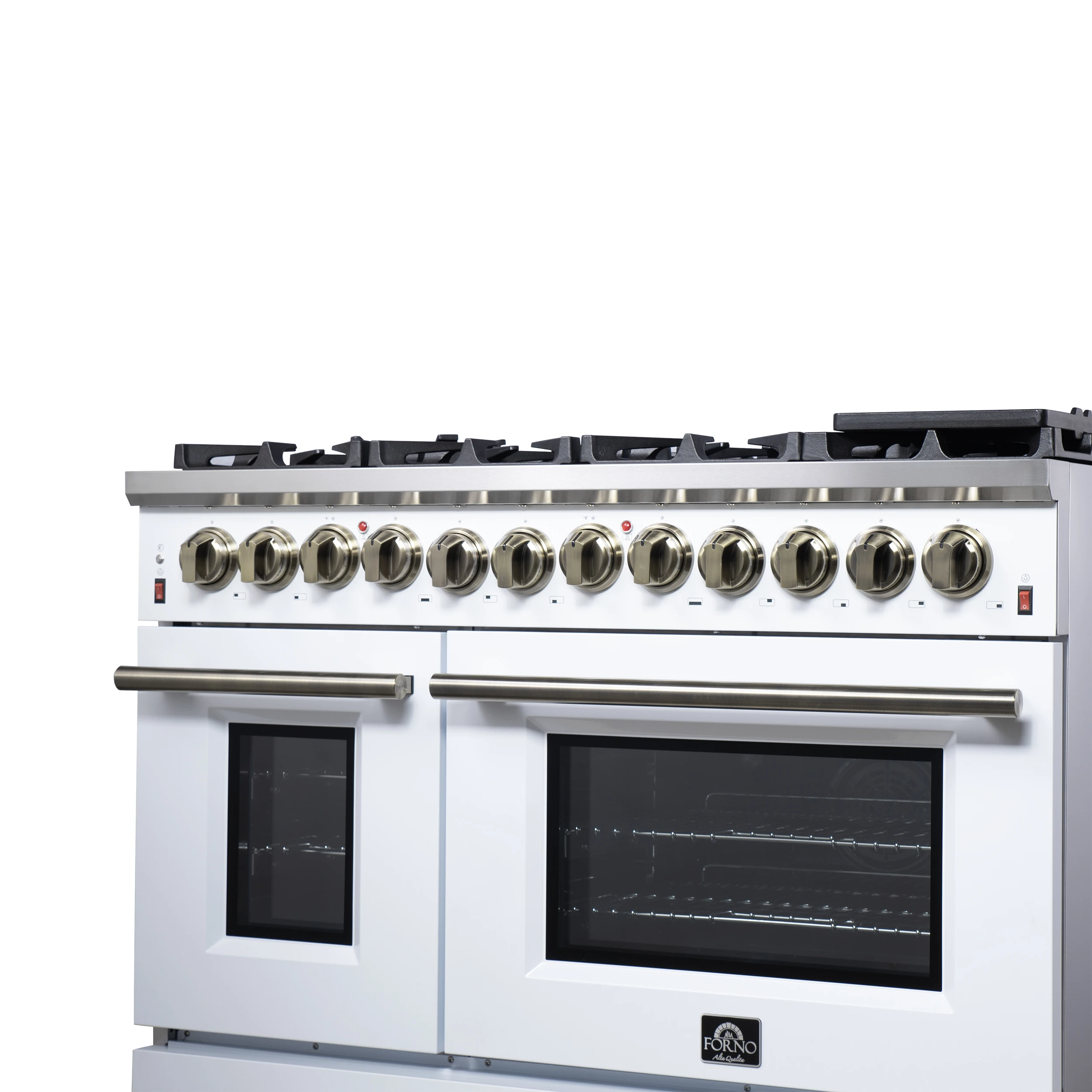 Massimo 48 Inch Freestanding Dual Fuel Range in with Antique Brass Accessories, 8 Burners, 6.58 cu. ft. Convection Oven FFSGS612548WHT