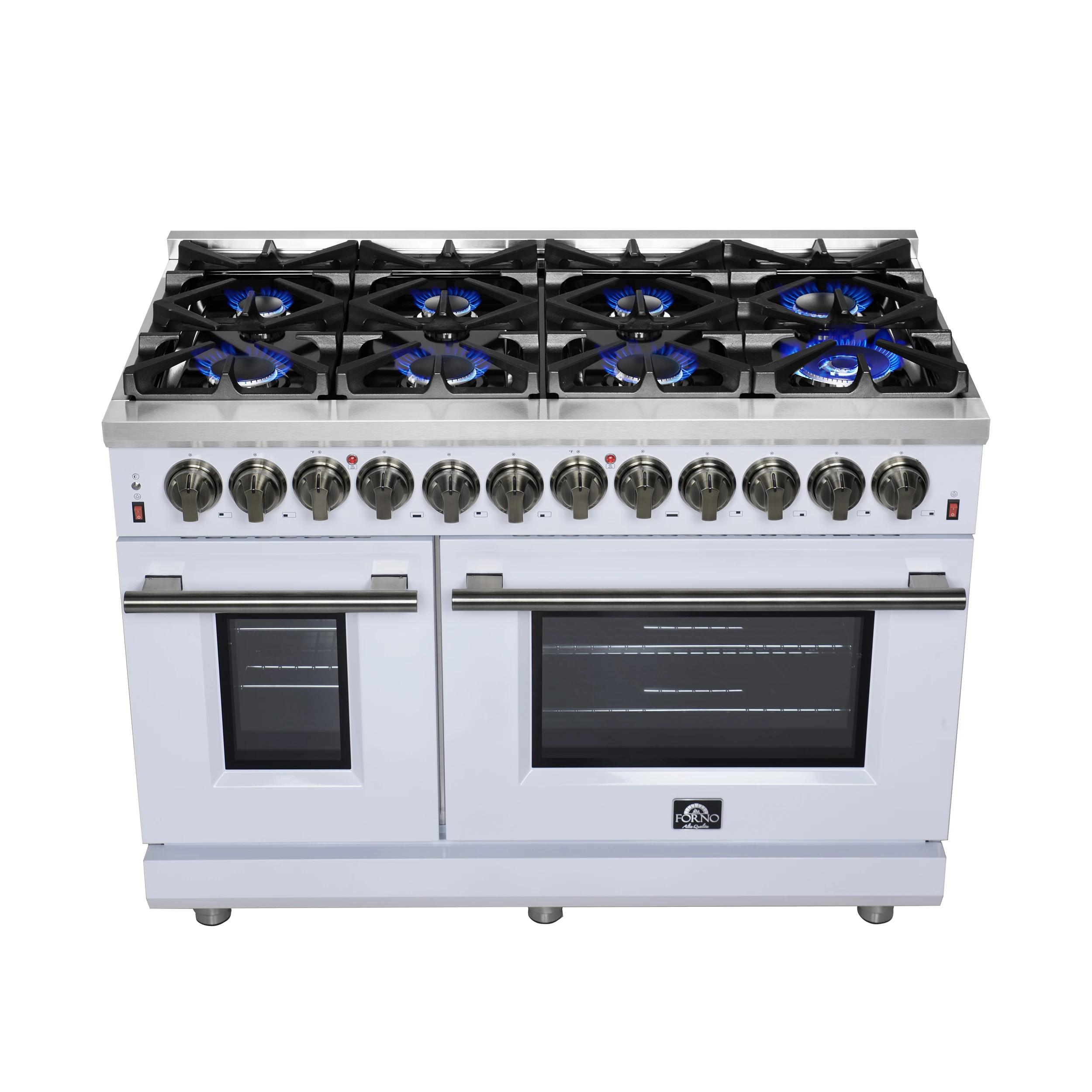 Massimo 48 Inch Freestanding Dual Fuel Range in with Antique Brass Accessories, 8 Burners, 6.58 cu. ft. Convection Oven FFSGS612548WHT