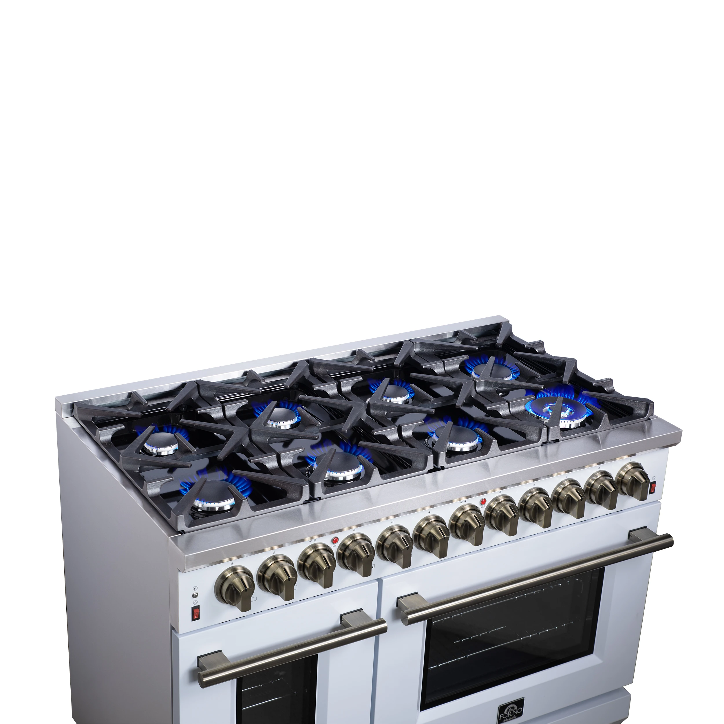 Massimo 48 Inch Freestanding Dual Fuel Range in with Antique Brass Accessories, 8 Burners, 6.58 cu. ft. Convection Oven FFSGS612548WHT