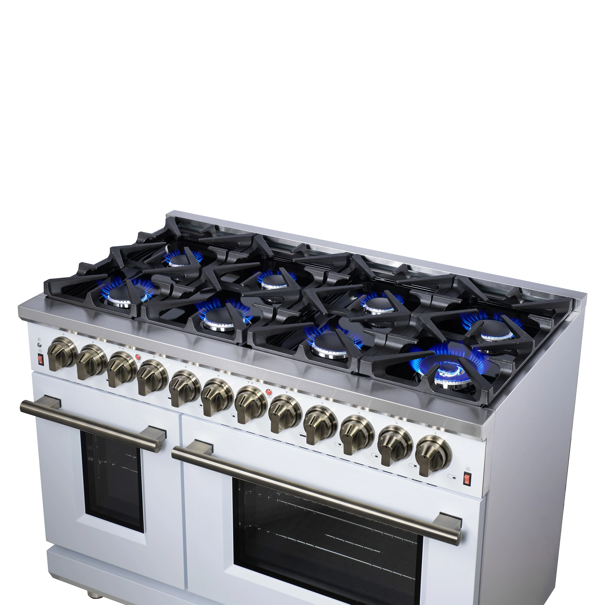 Massimo 48 Inch Freestanding Dual Fuel Range in with Antique Brass Accessories, 8 Burners, 6.58 cu. ft. Convection Oven FFSGS612548WHT