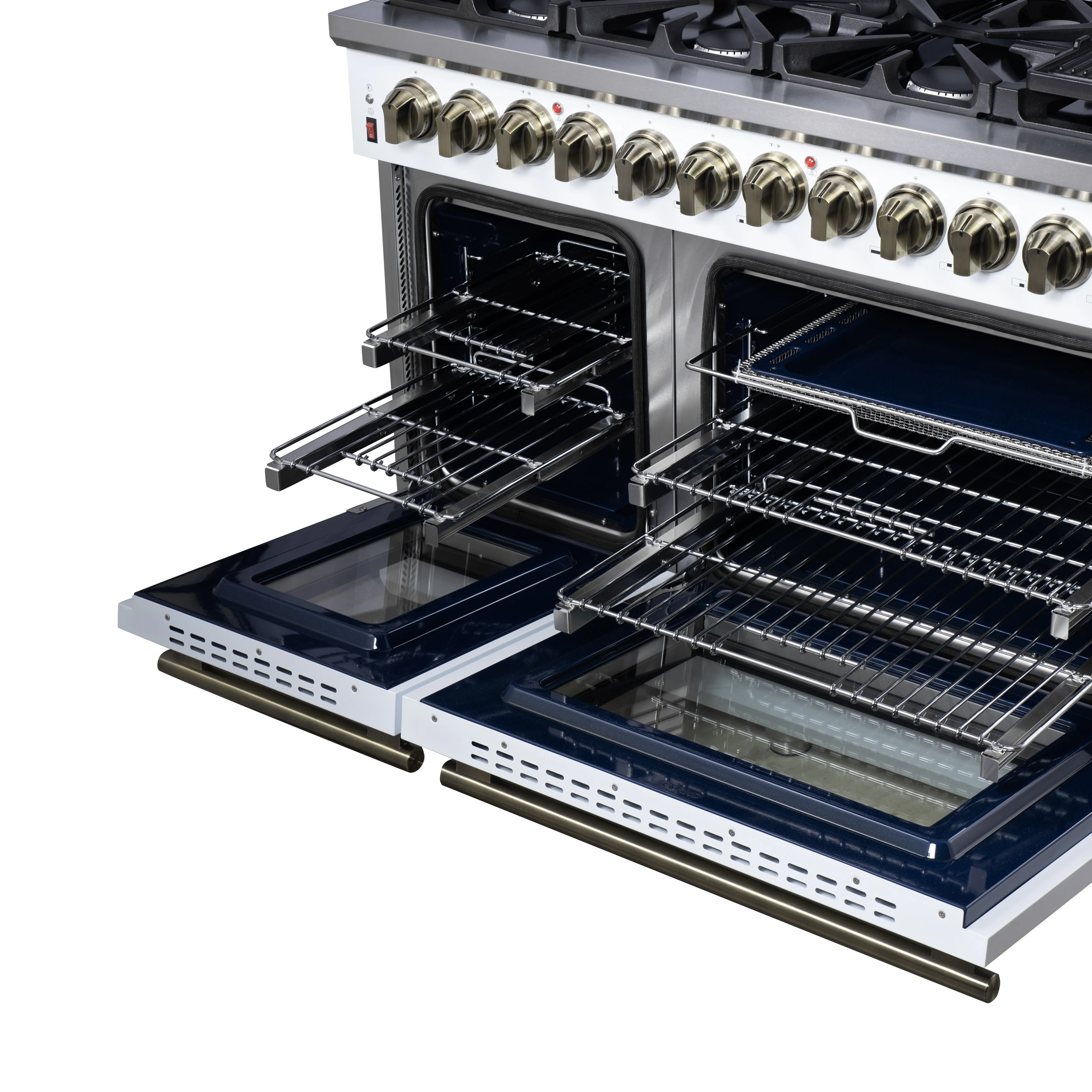 Massimo 48 Inch Freestanding Dual Fuel Range in with Antique Brass Accessories, 8 Burners, 6.58 cu. ft. Convection Oven FFSGS612548WHT