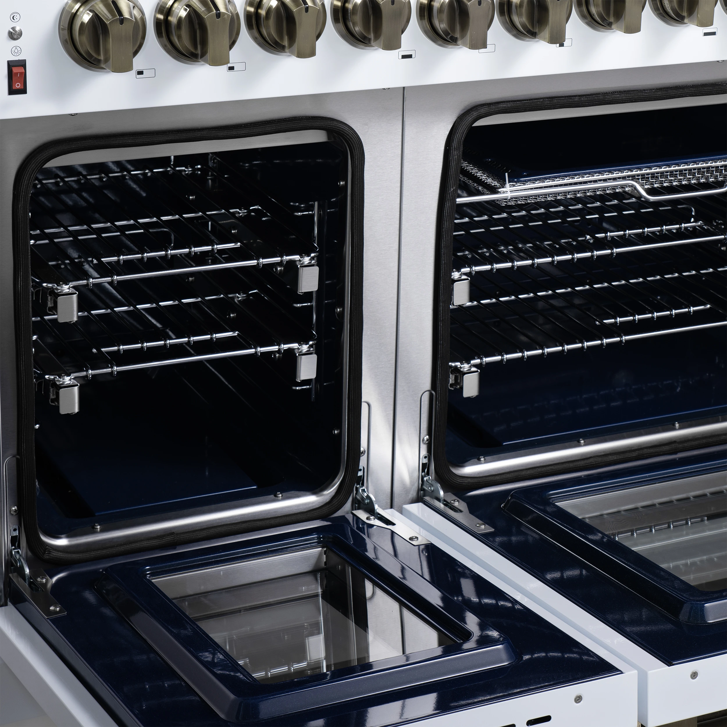 Massimo 48 Inch Freestanding Dual Fuel Range in with Antique Brass Accessories, 8 Burners, 6.58 cu. ft. Convection Oven FFSGS612548WHT