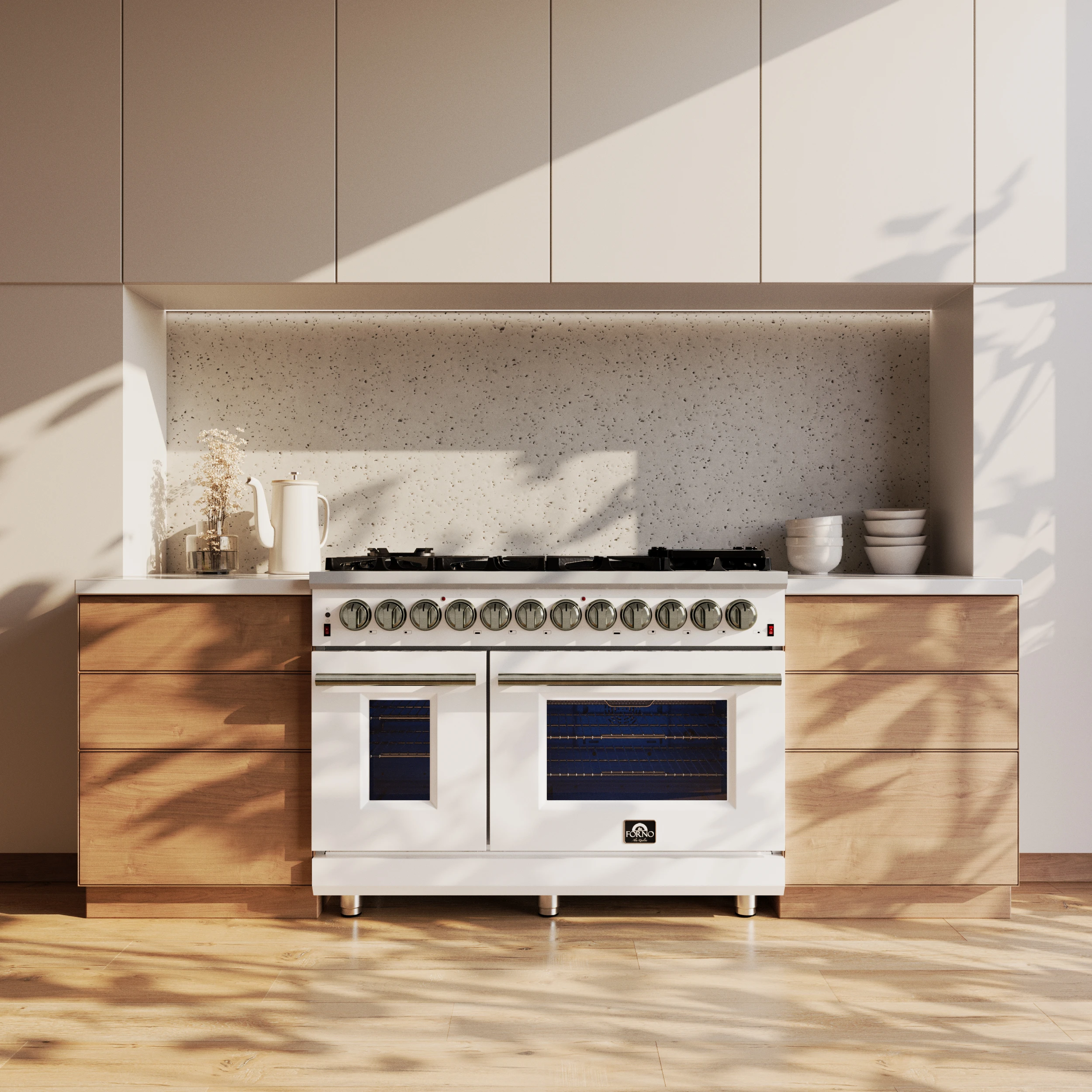 Massimo 48 Inch Freestanding Dual Fuel Range in with Antique Brass Accessories, 8 Burners, 6.58 cu. ft. Convection Oven FFSGS612548WHT