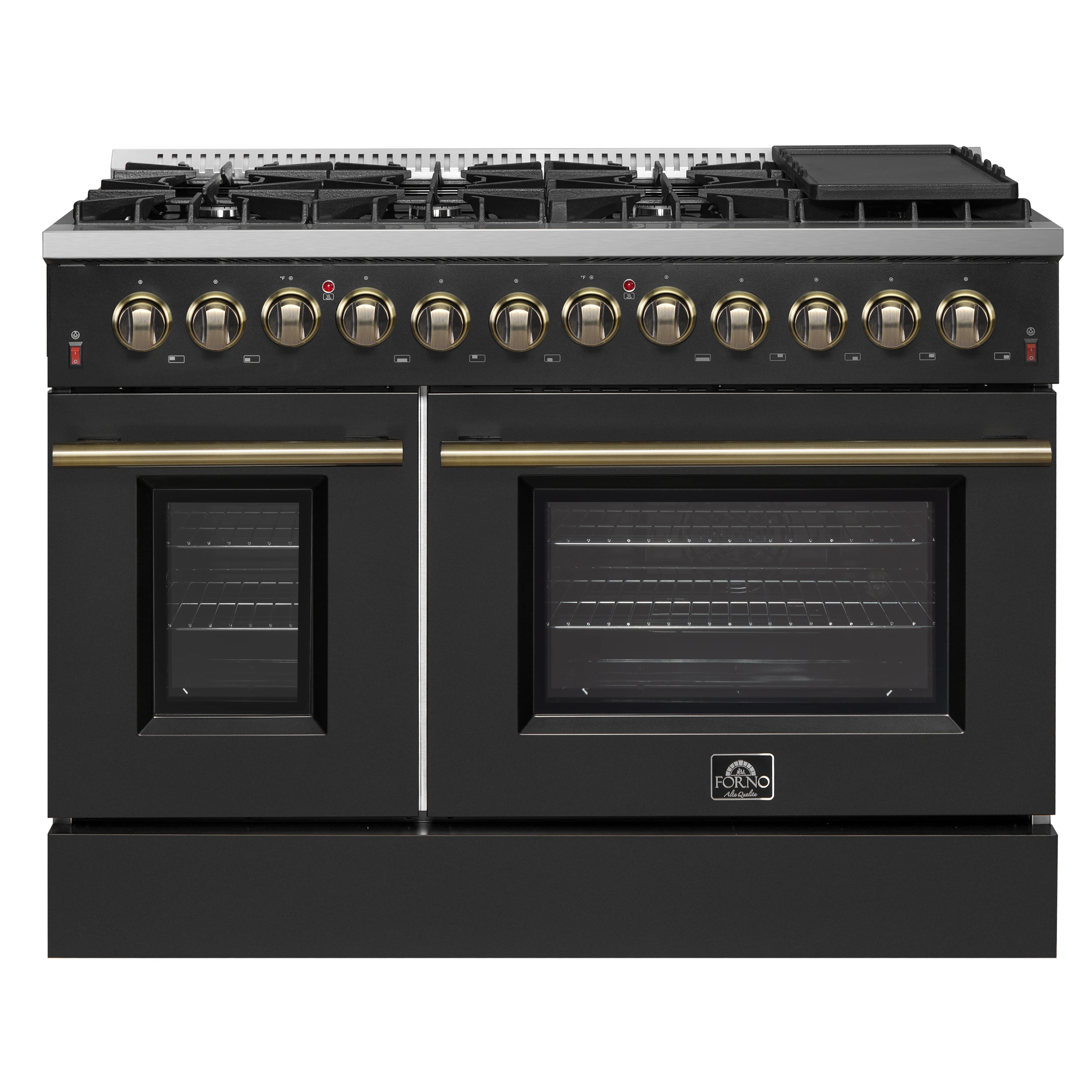 Galiano 48-inch Dual Fuel Range & Antique Brass Design with 8 Sealed Burners 107,000 BTU, 6.58 cu. ft. double ovens & Griddle FFSGS615648BLK