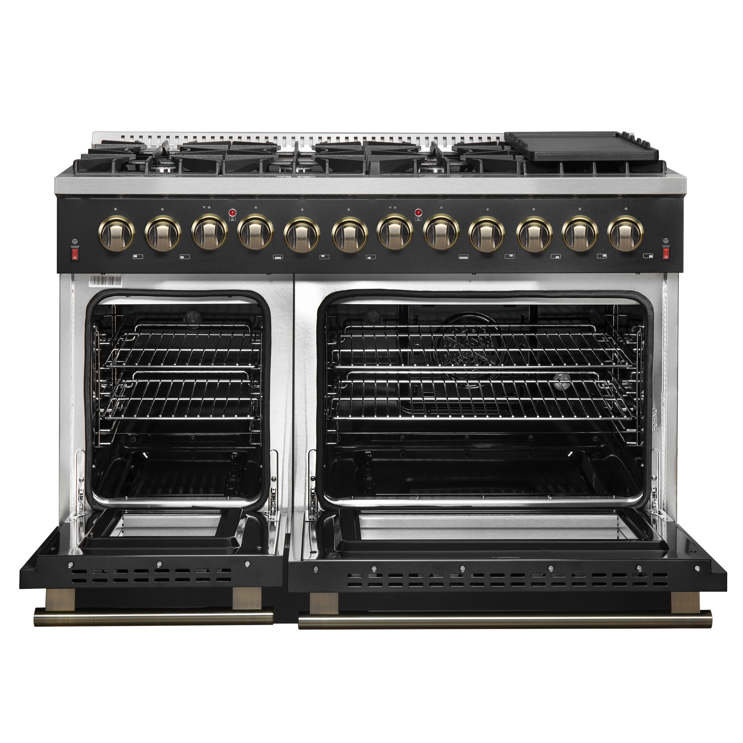 Galiano 48-inch Dual Fuel Range & Antique Brass Design with 8 Sealed Burners 107,000 BTU, 6.58 cu. ft. double ovens & Griddle FFSGS615648BLK
